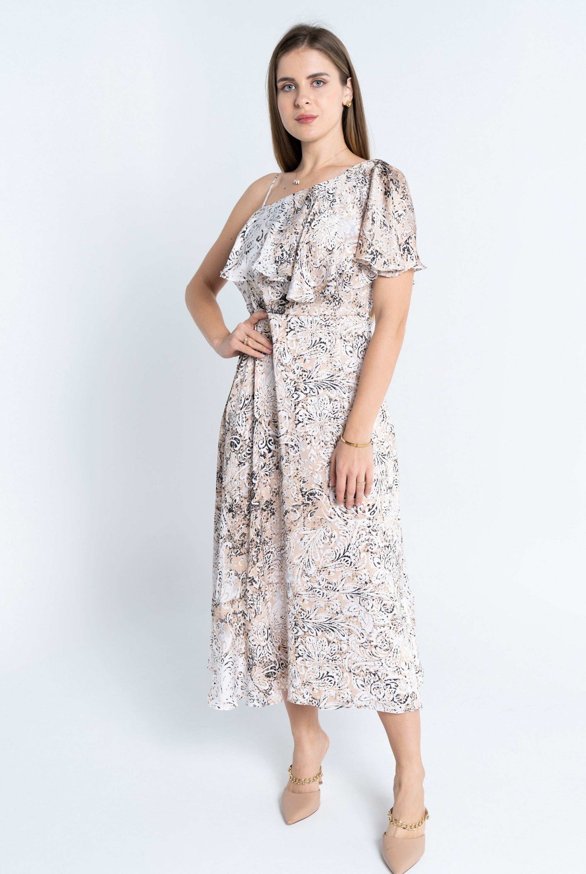 نتشي فستان منقوش كتف وكتف ميدي نسائي