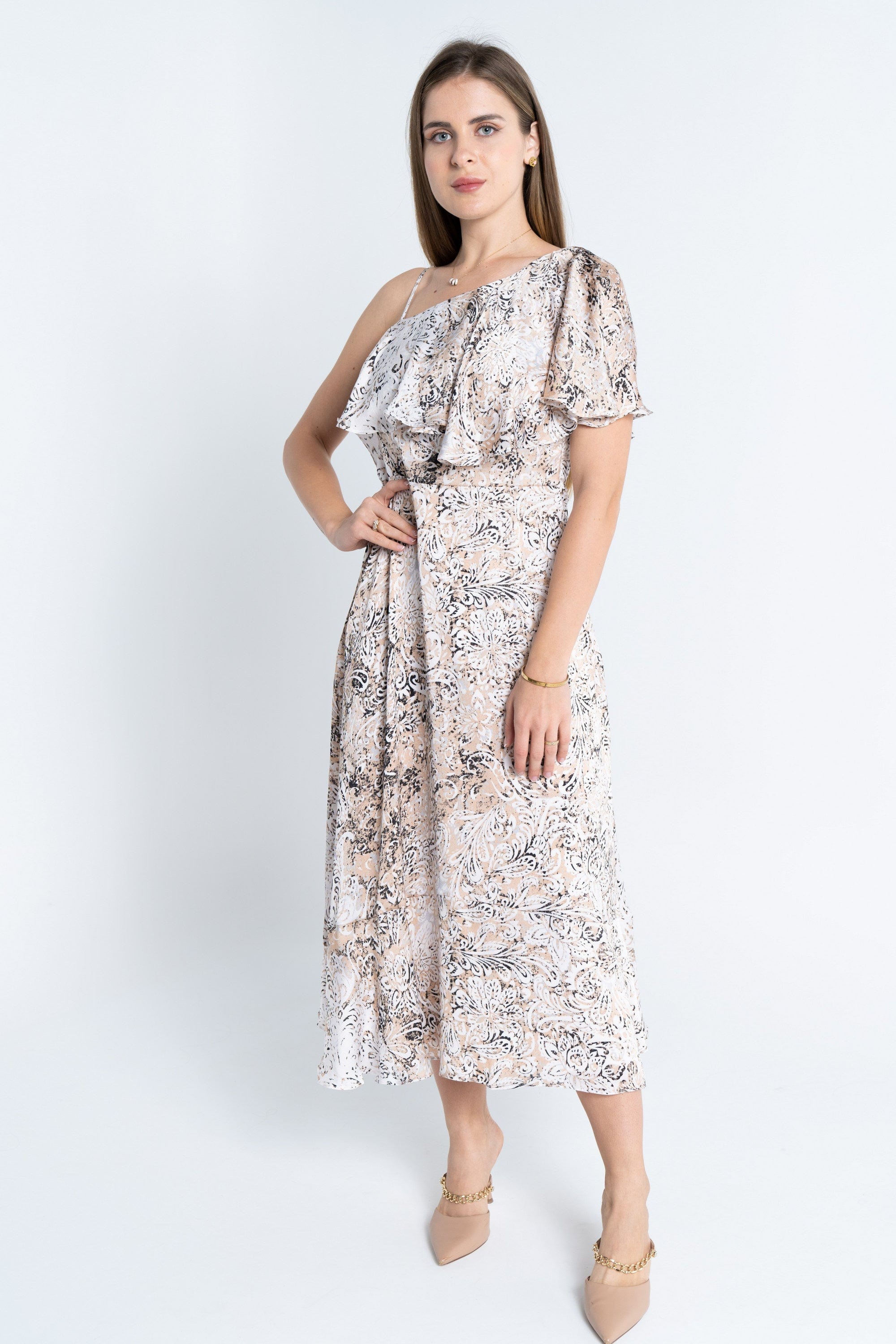 نتشي فستان منقوش كتف وكتف ميدي نسائي