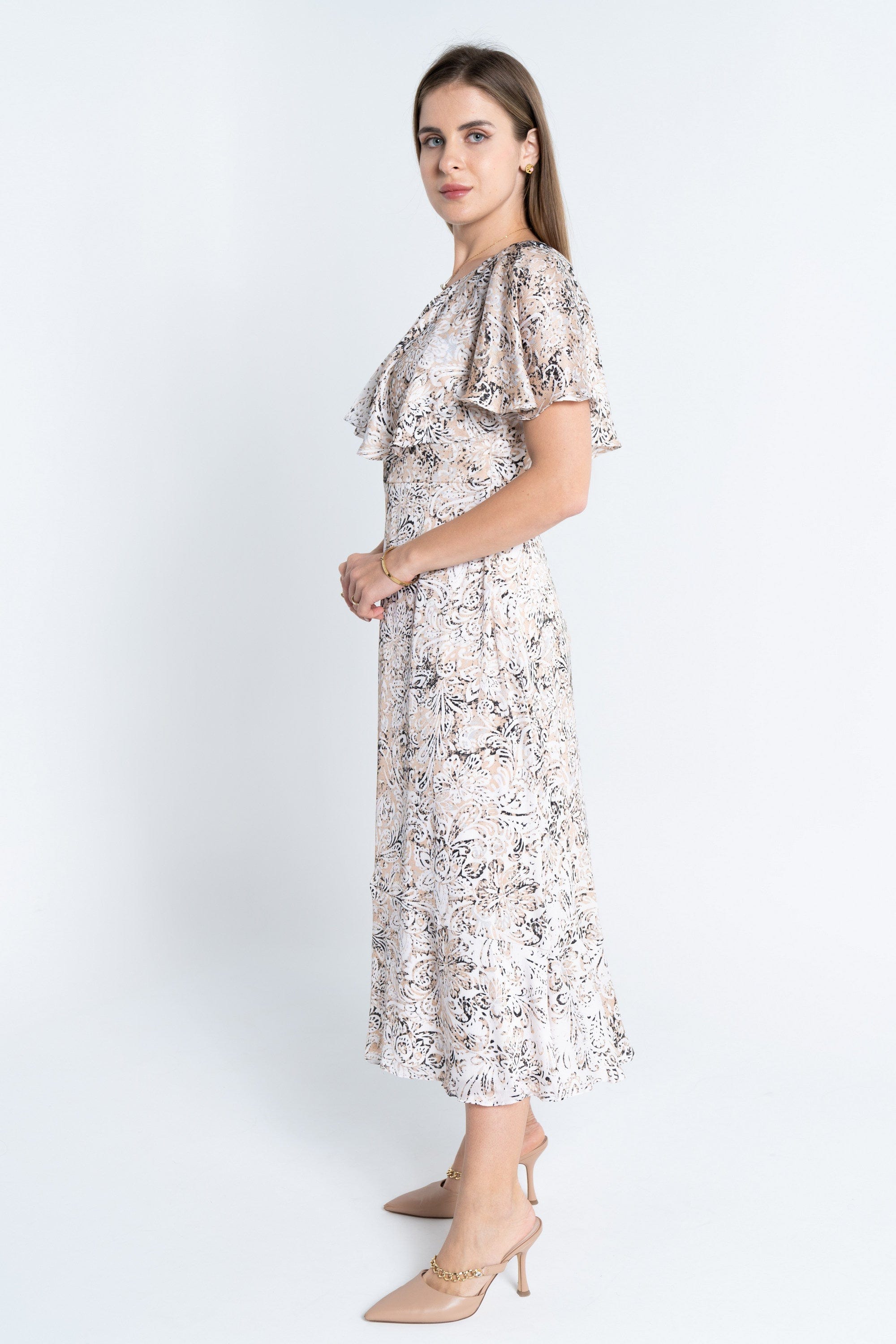 نتشي فستان منقوش كتف وكتف ميدي نسائي