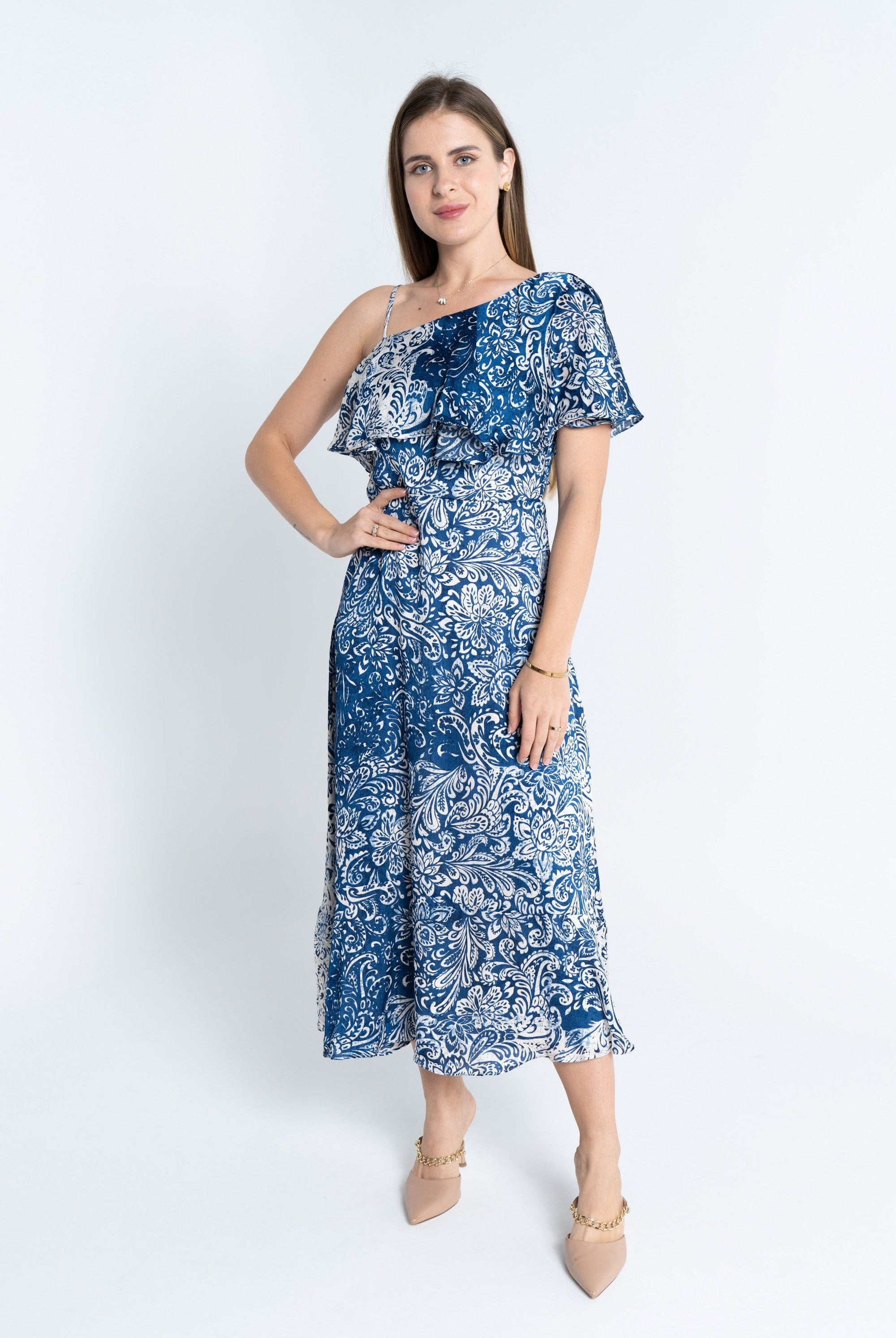 نتشي فستان منقوش كتف وكتف ميدي نسائي