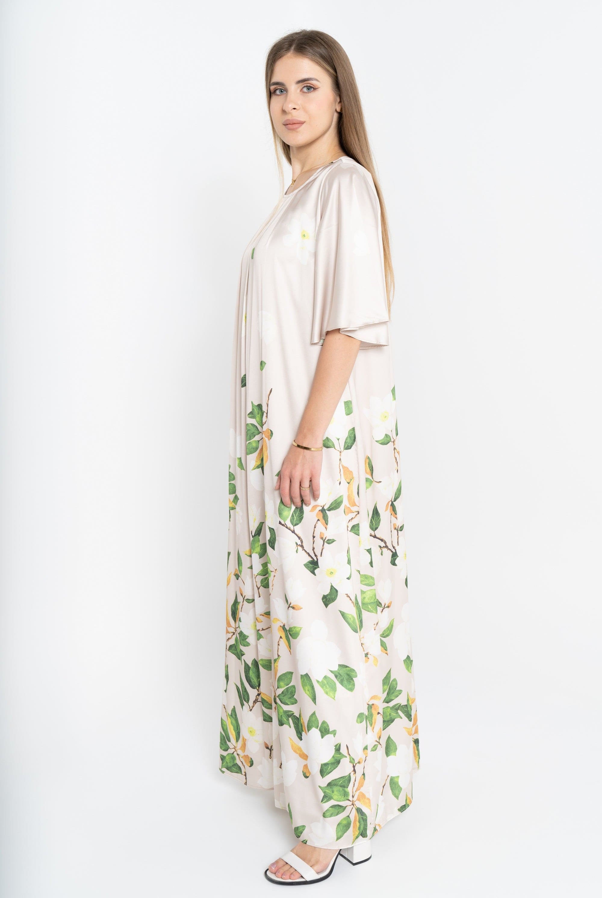 نتشي فستان ماكسي مشجر نص كم واسع فراشة