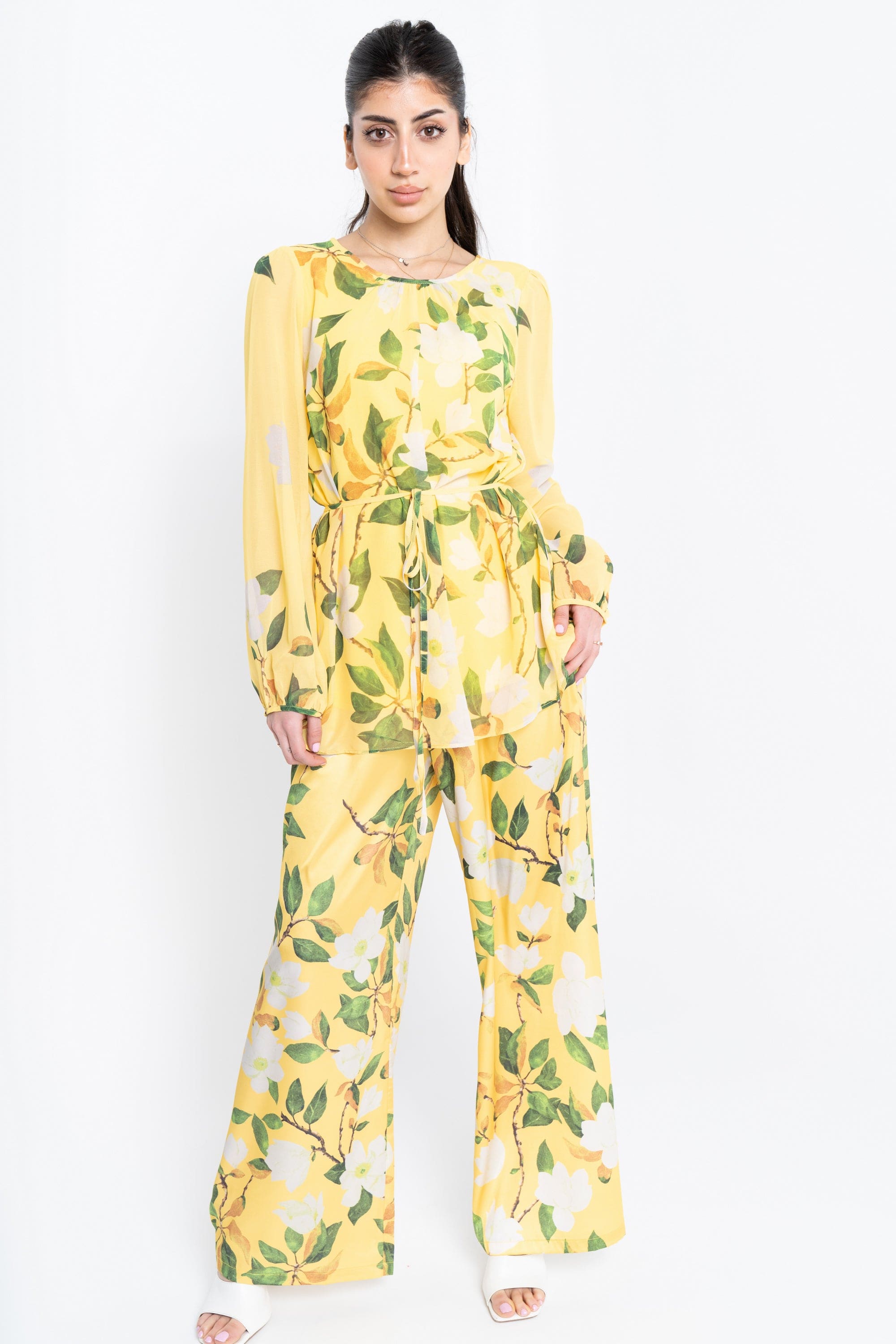 نتشي بنطلون طويل واسع مشجر نسائي