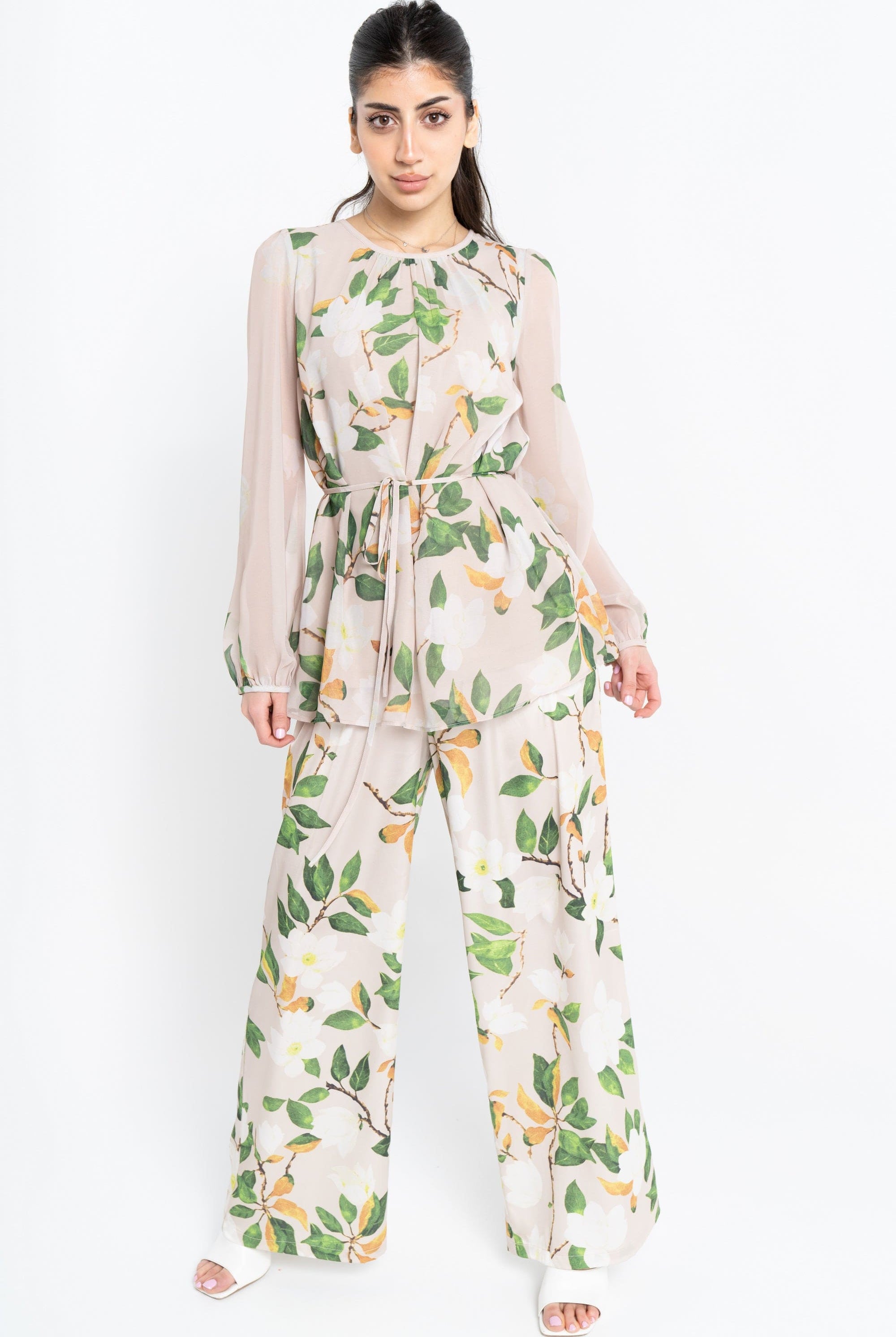 نتشي بنطلون طويل واسع مشجر نسائي