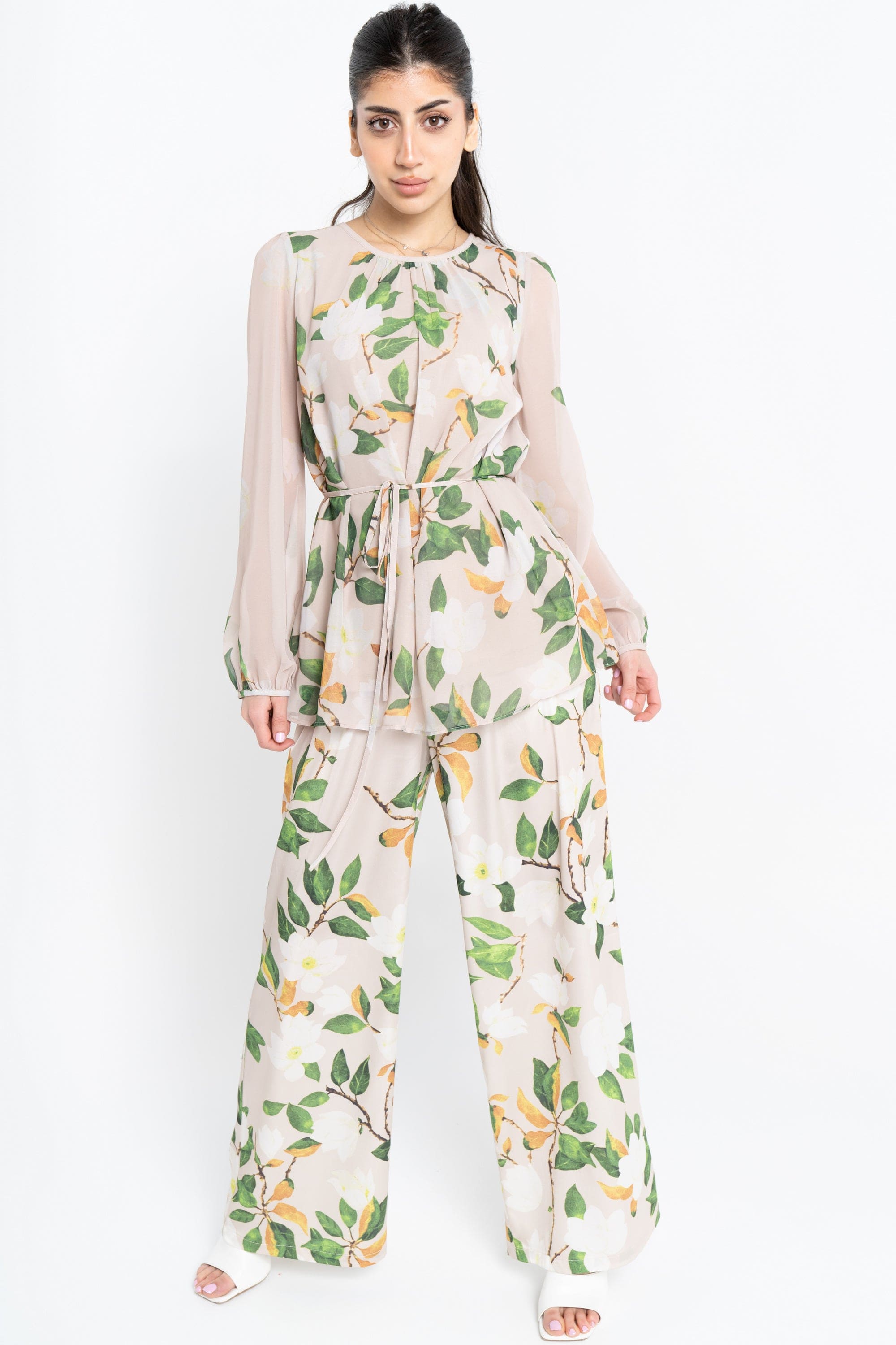 نتشي بنطلون طويل واسع مشجر نسائي