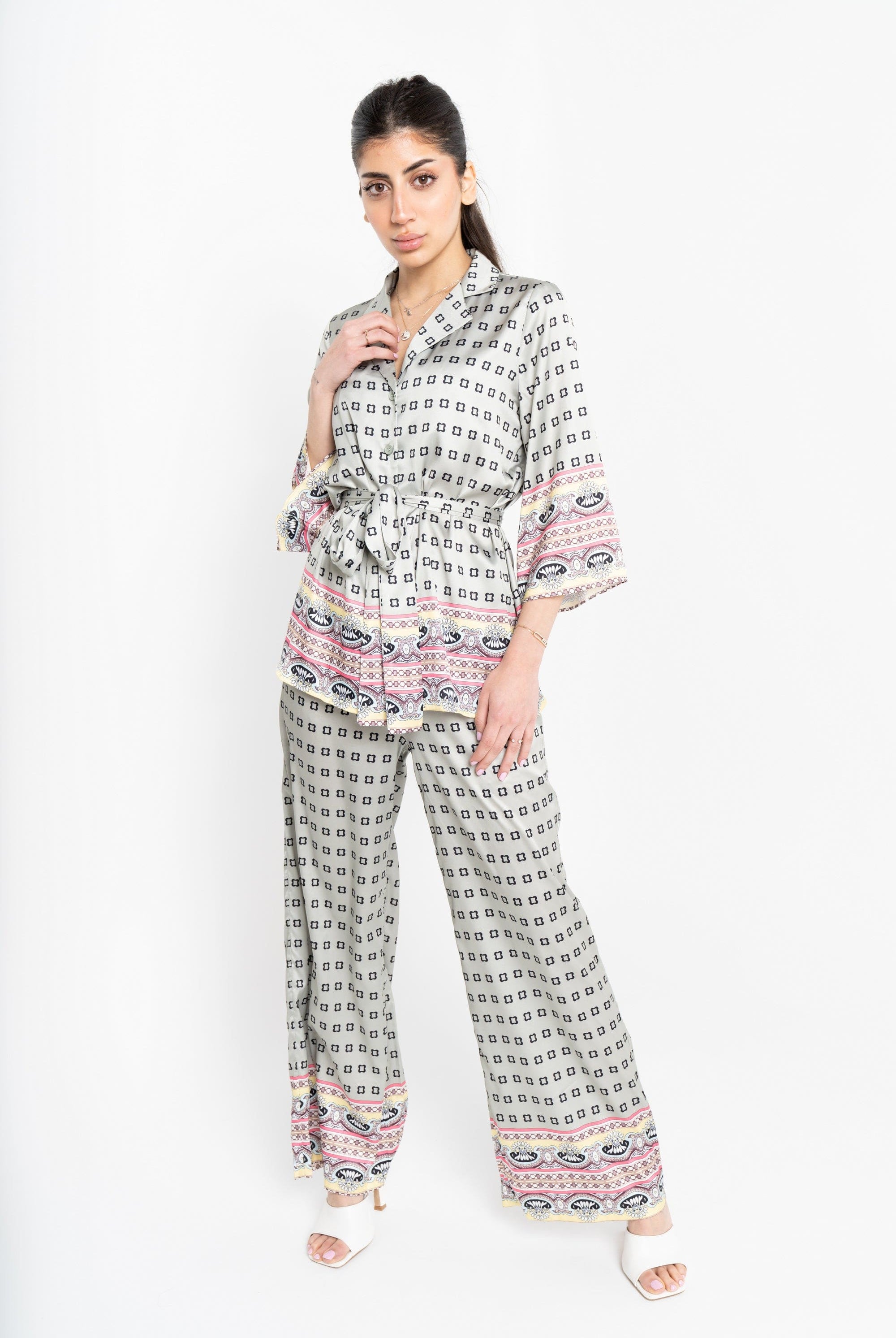 نتشي بنطلون منقوش بنقشة مربعات طويل واسع نسائي