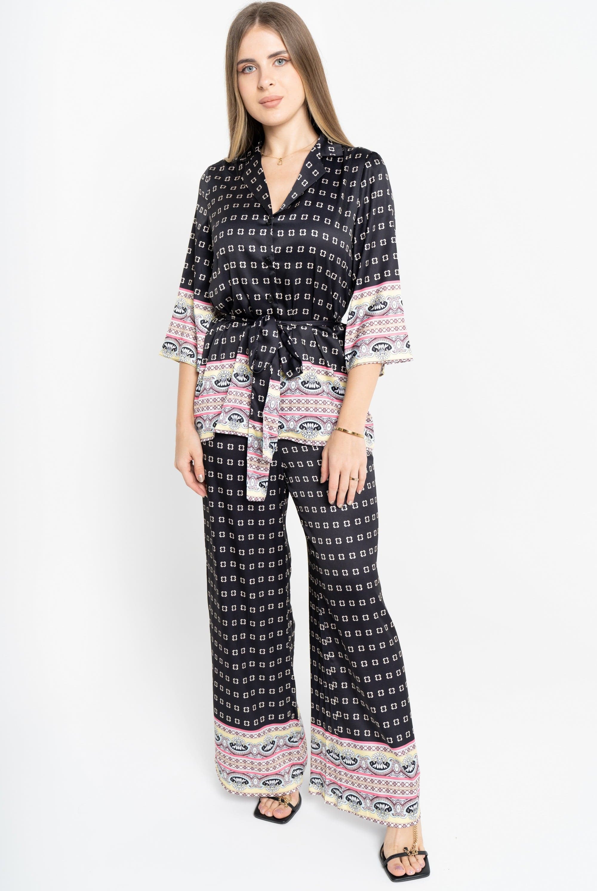 نتشي بنطلون منقوش بنقشة مربعات طويل واسع نسائي