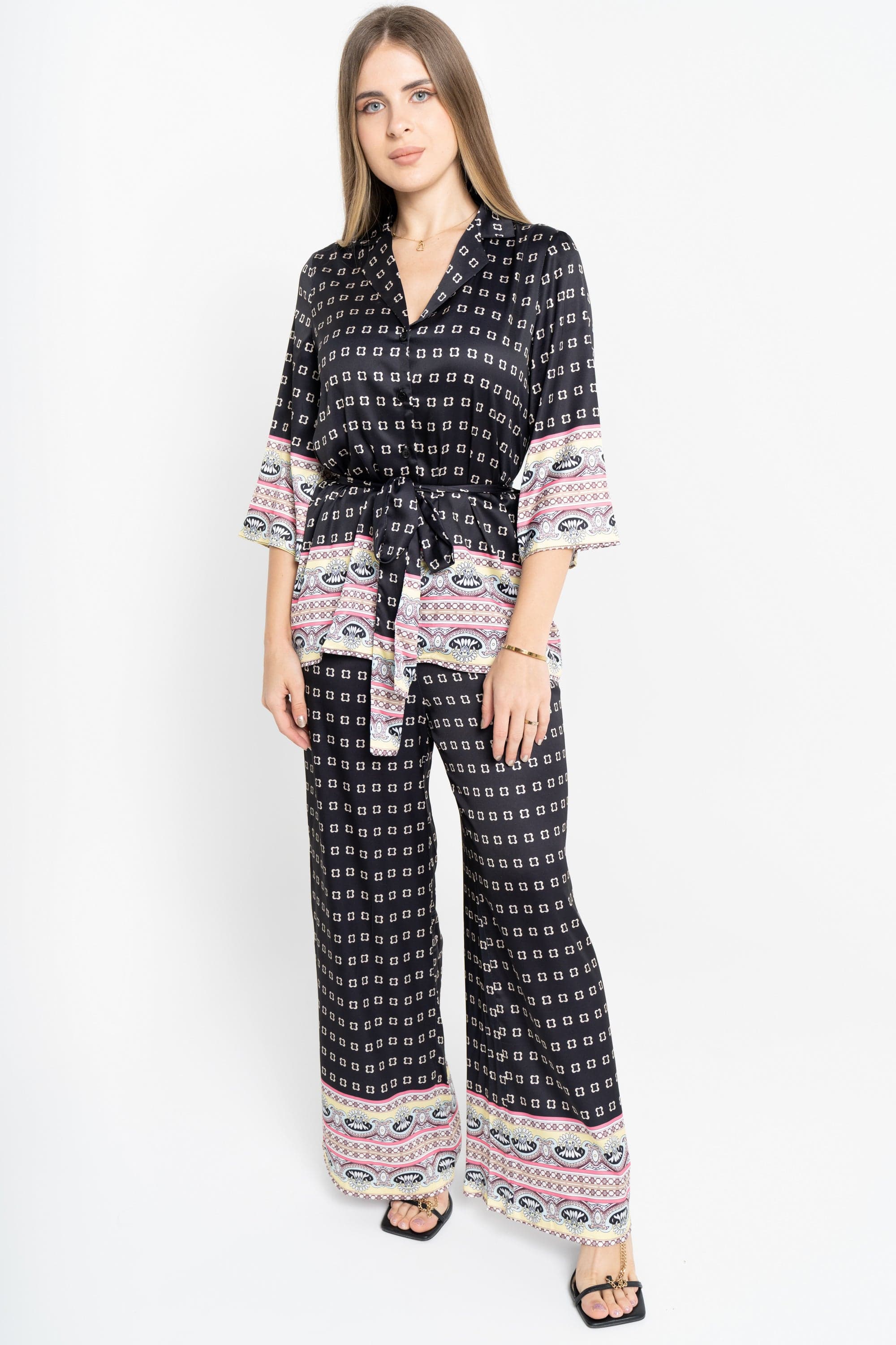 نتشي بنطلون منقوش بنقشة مربعات طويل واسع نسائي