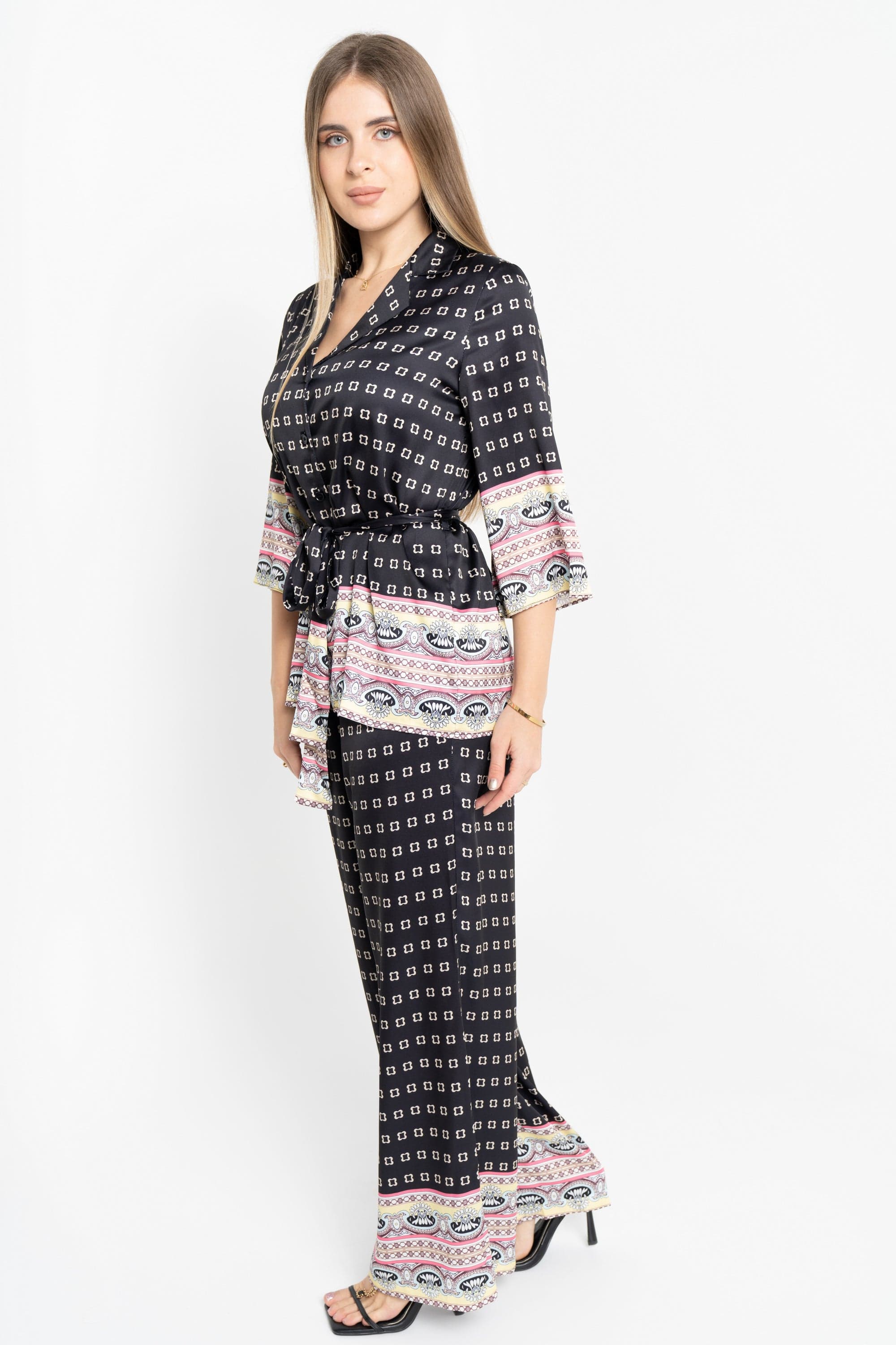 نتشي بنطلون منقوش بنقشة مربعات طويل واسع نسائي