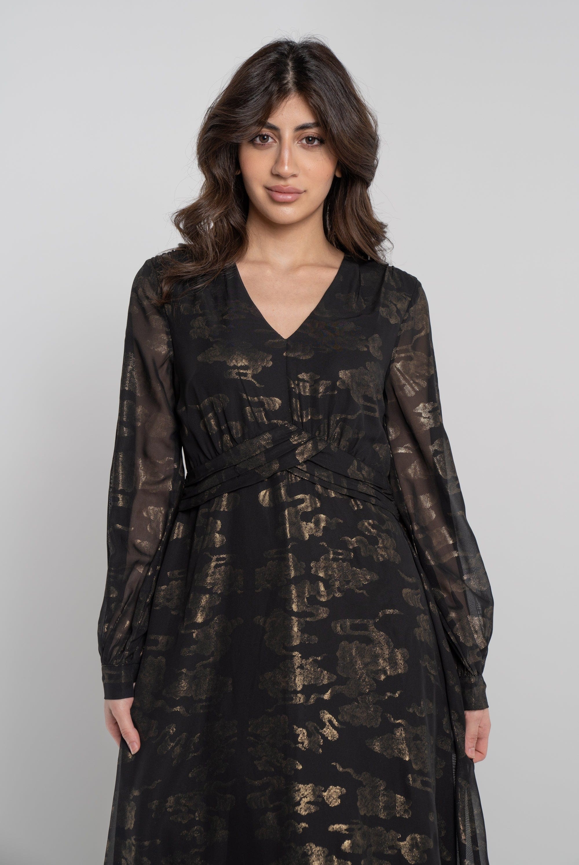 نتشي فستان طويل منقوش لامع مخصر كم طويل بفتحة سبعة نسائي