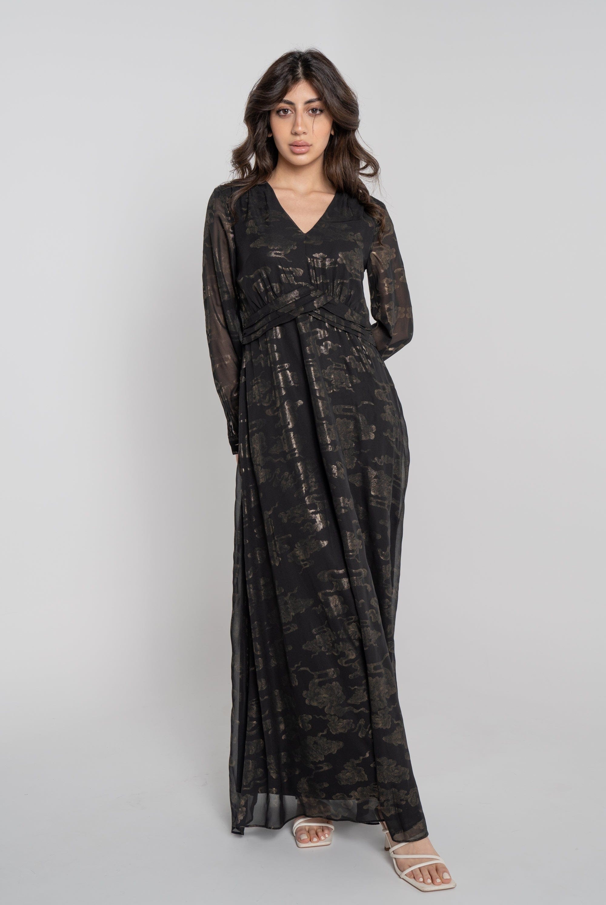 نتشي فستان طويل منقوش لامع مخصر كم طويل بفتحة سبعة نسائي