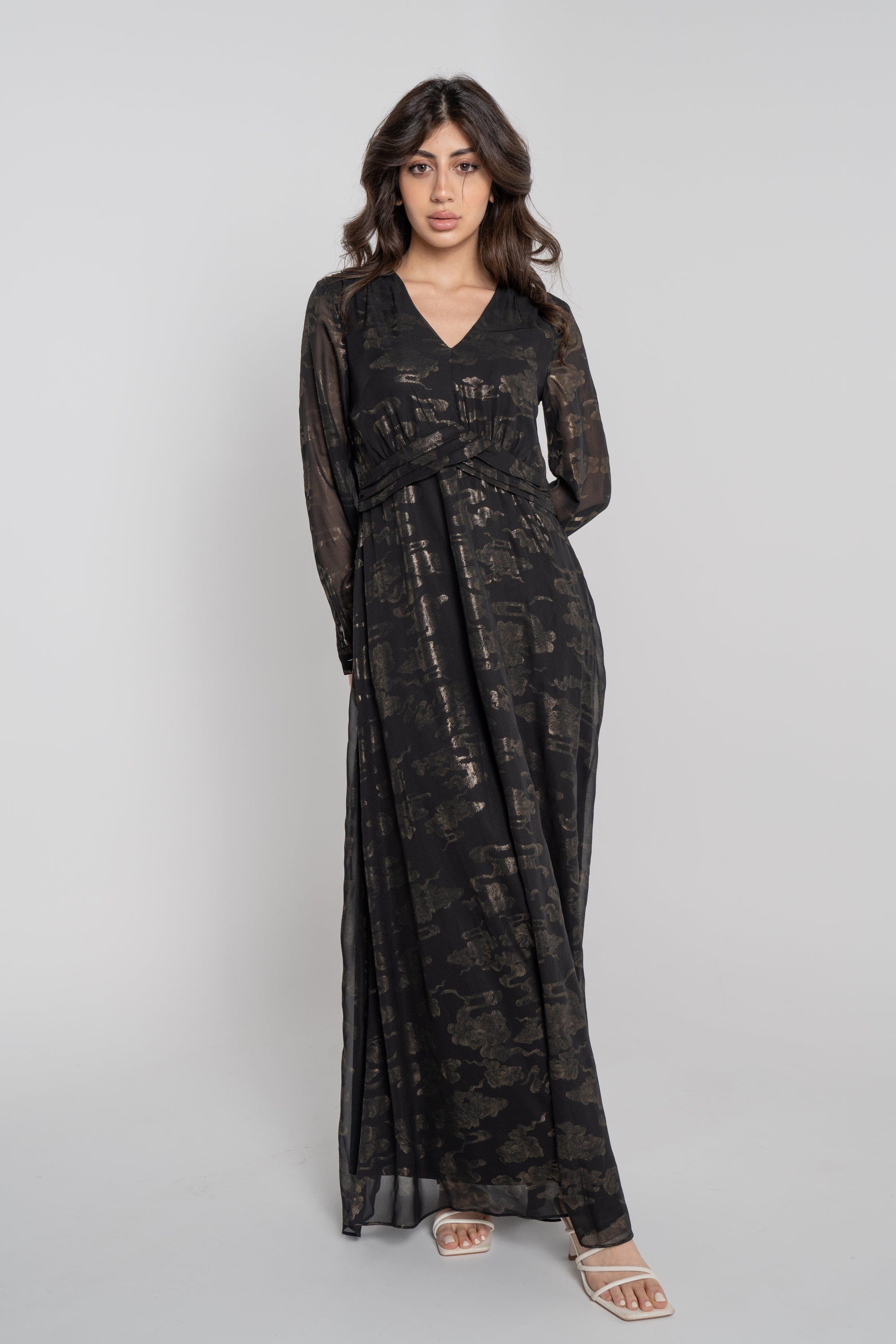 نتشي فستان طويل منقوش لامع مخصر كم طويل بفتحة سبعة نسائي