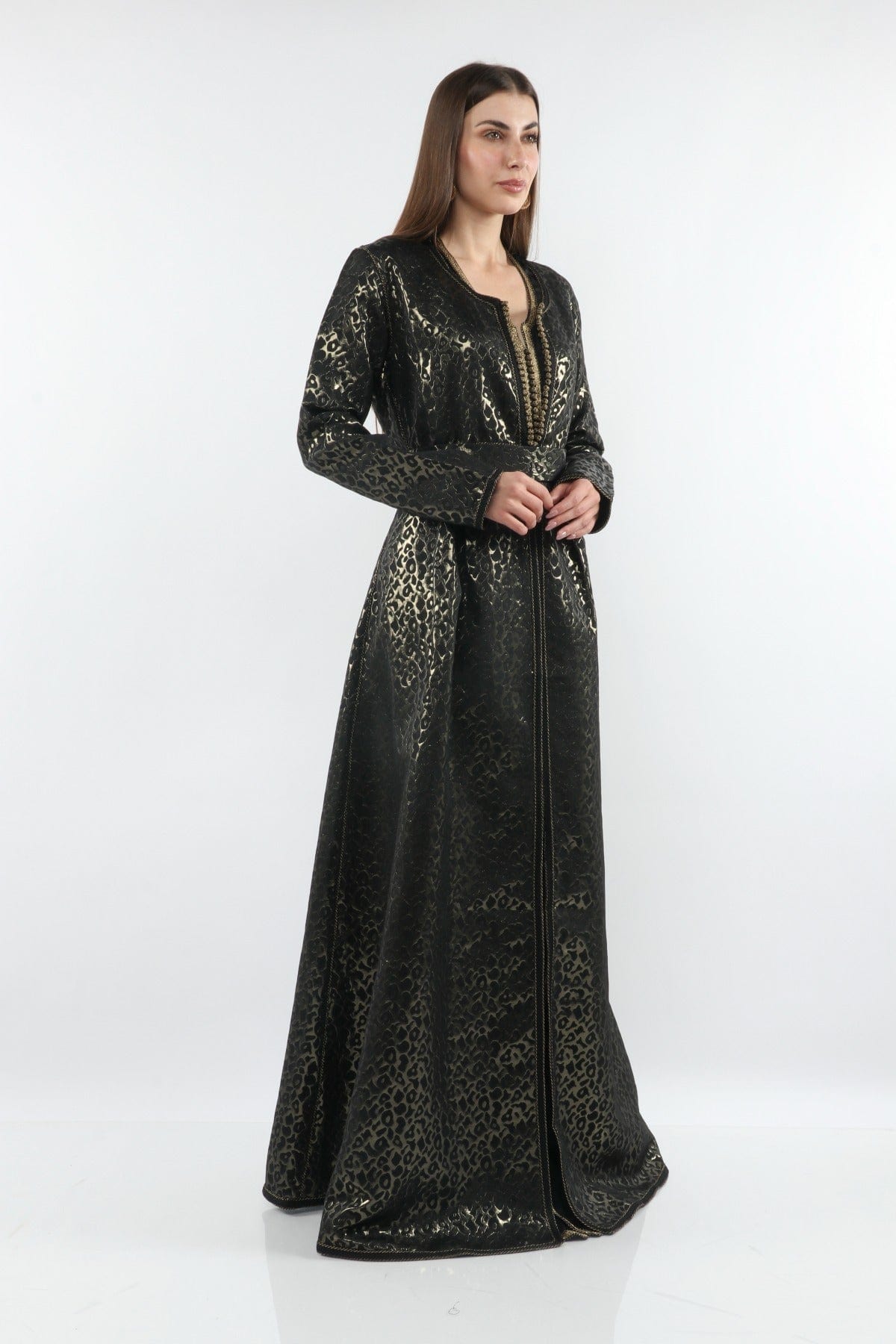 ديامانتين قفطان نسائي بحزام عريض لامع بكم طويل أسود