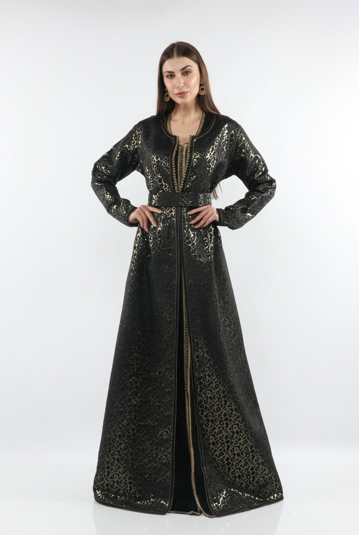 ديامانتين قفطان نسائي بحزام عريض لامع بكم طويل أسود