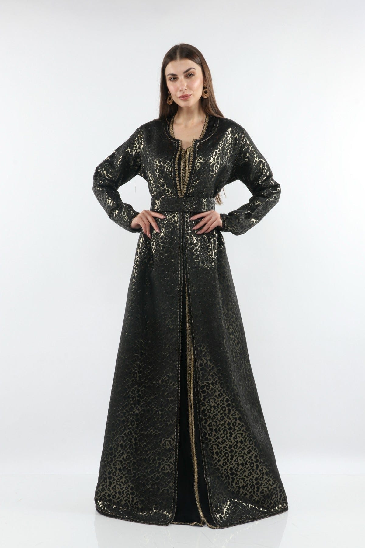 ديامانتين قفطان نسائي بحزام عريض لامع بكم طويل أسود