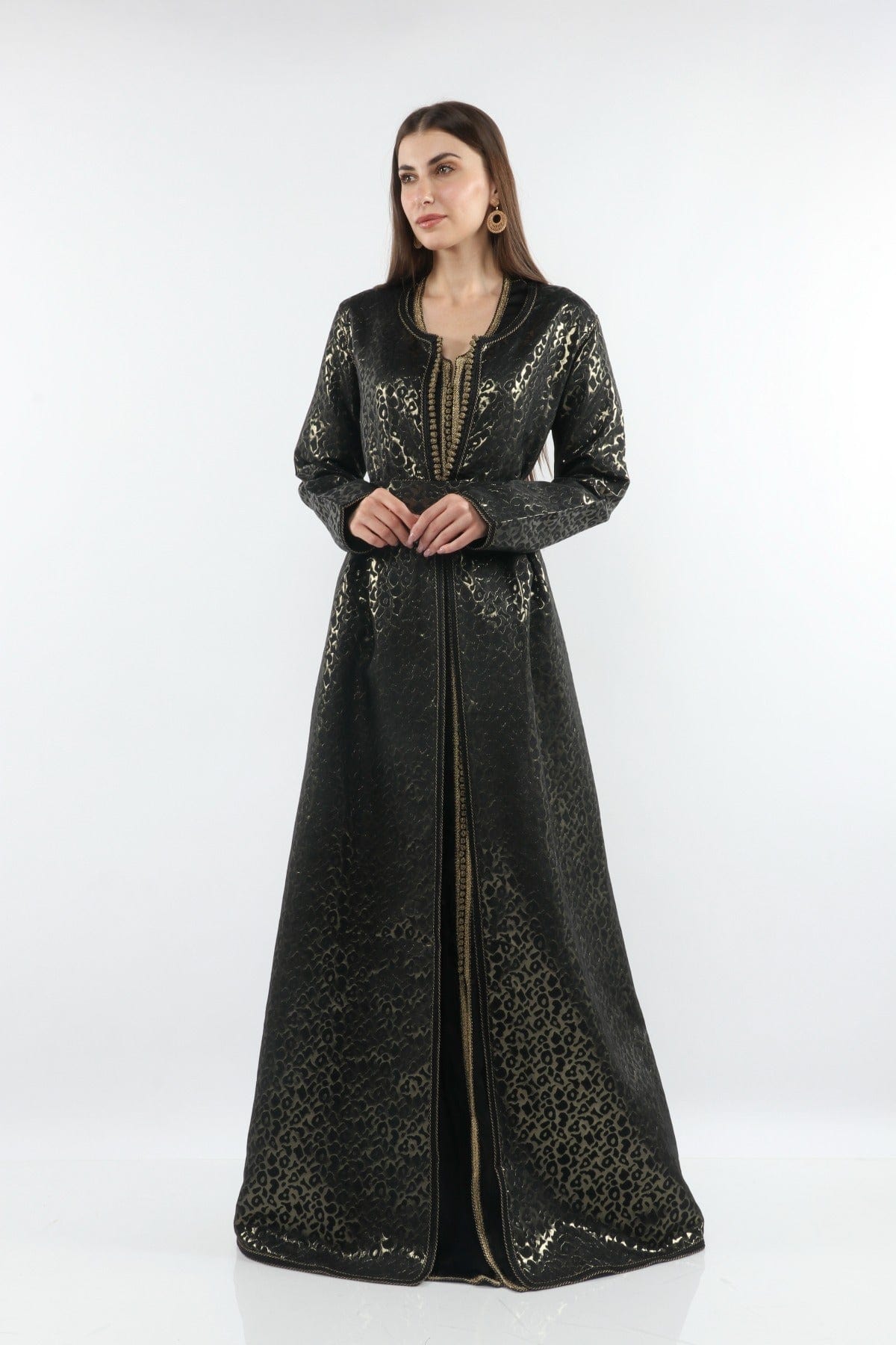 ديامانتين قفطان نسائي بحزام عريض لامع بكم طويل أسود