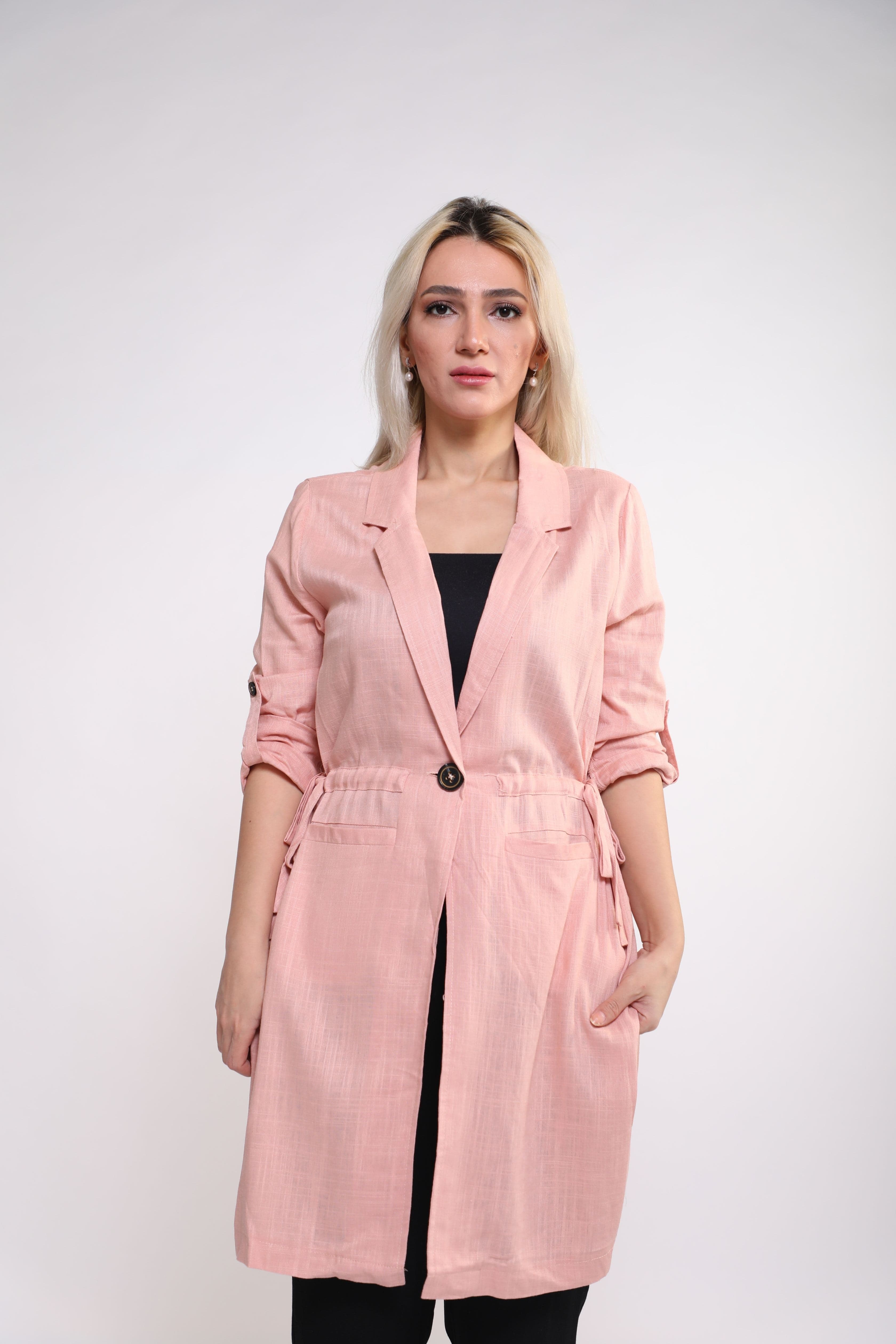 نتشي سترة سادة طويل بزرار بأكمام طويلة