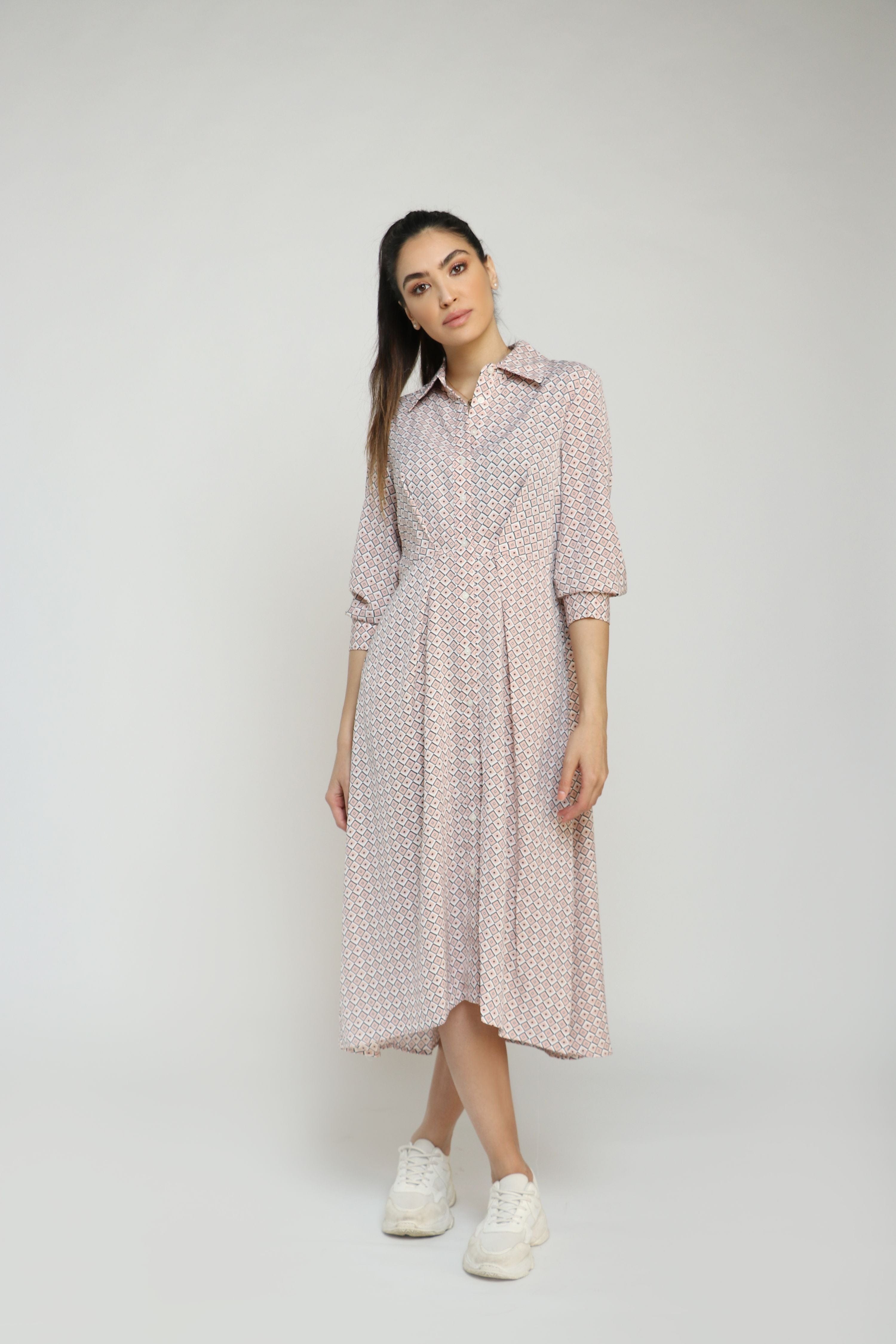 نتشي فستان قميص منقوش مخصر 3/4 كم بف طويل نسائي