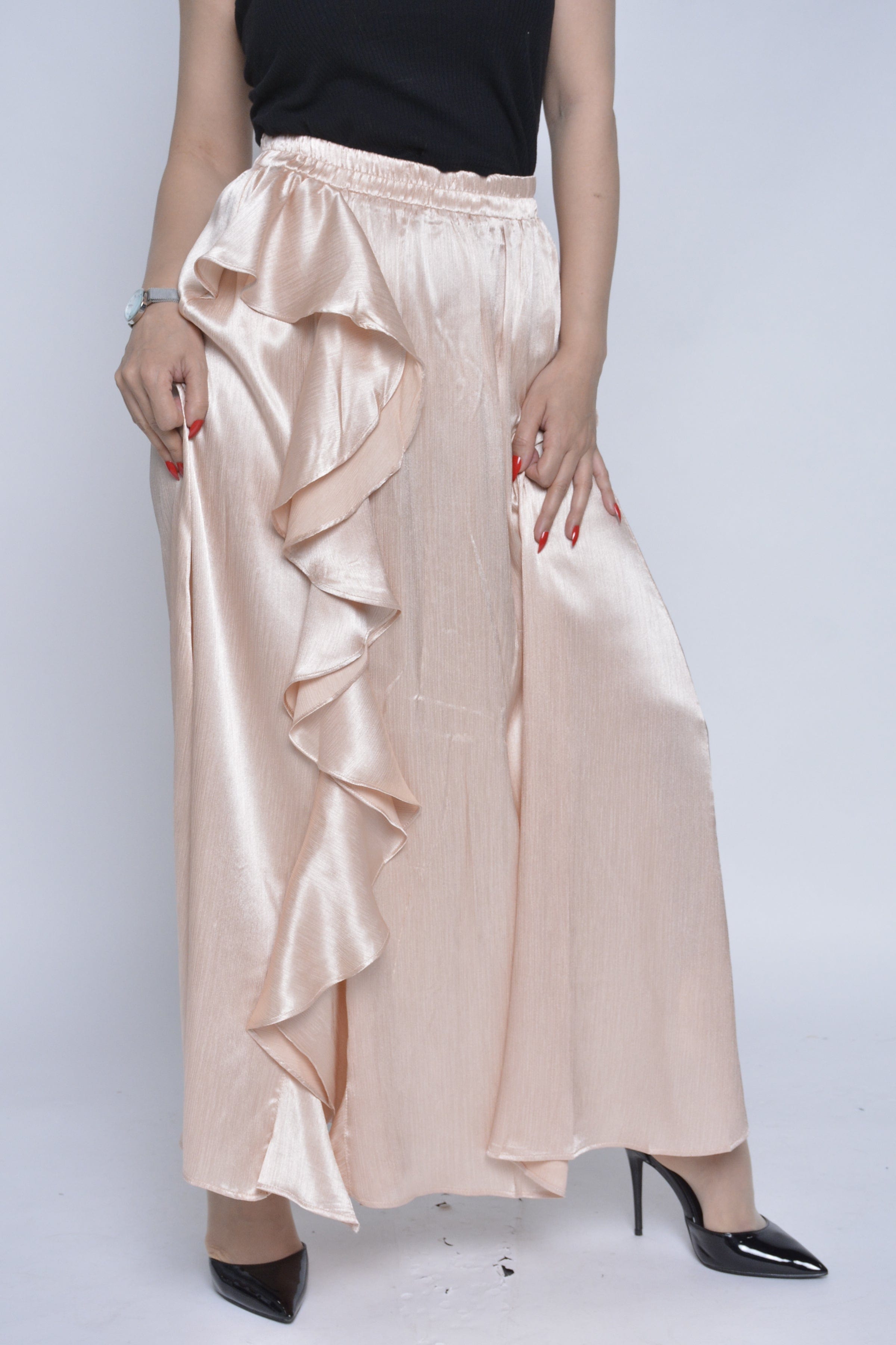 نتشي تنورة طويلة سادة لامعة بكشكش من أعلى لأسفل نسائية