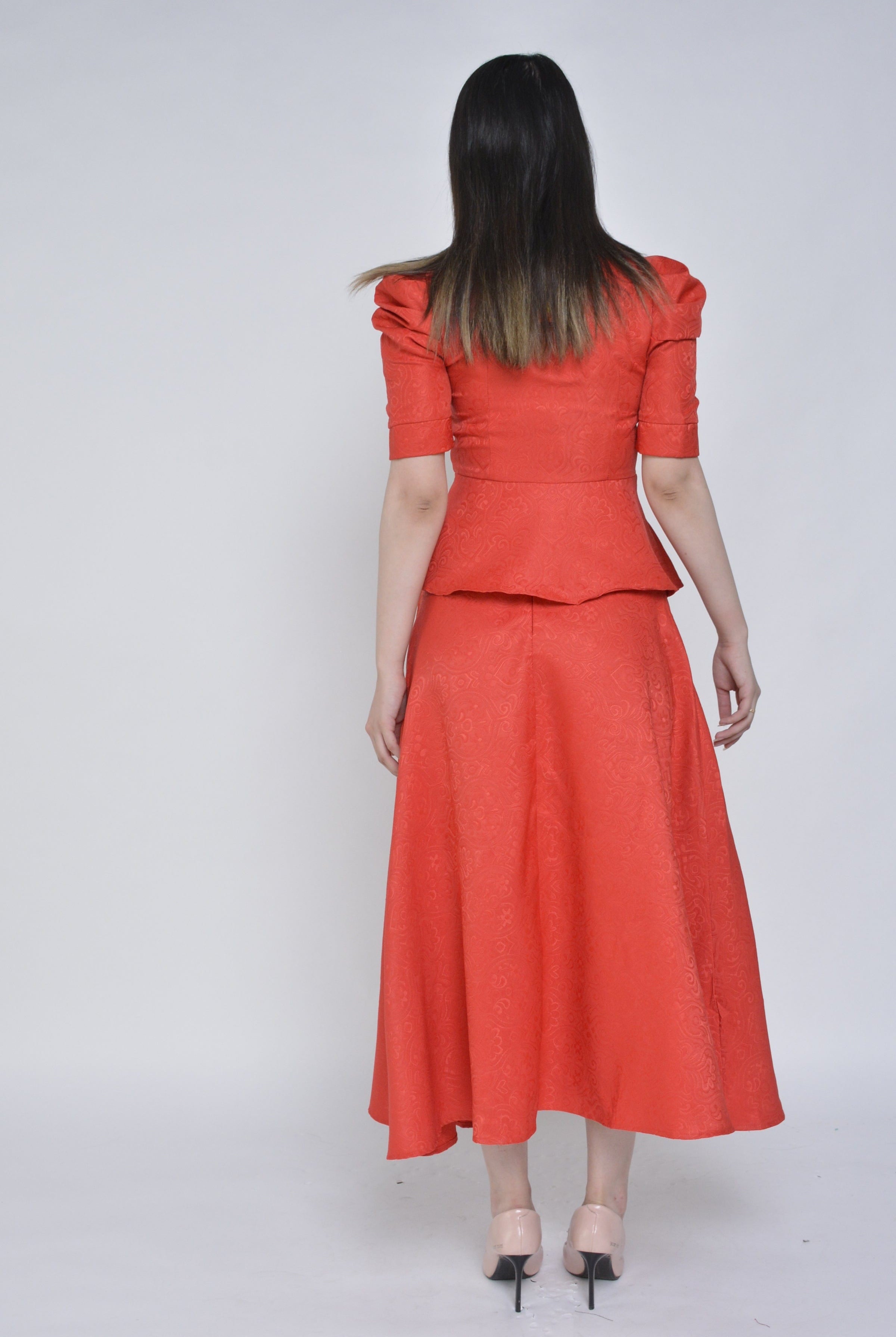 نتشي بلوزة جاكار مخصرة بأزرار أمامية نص كم بف نسائي