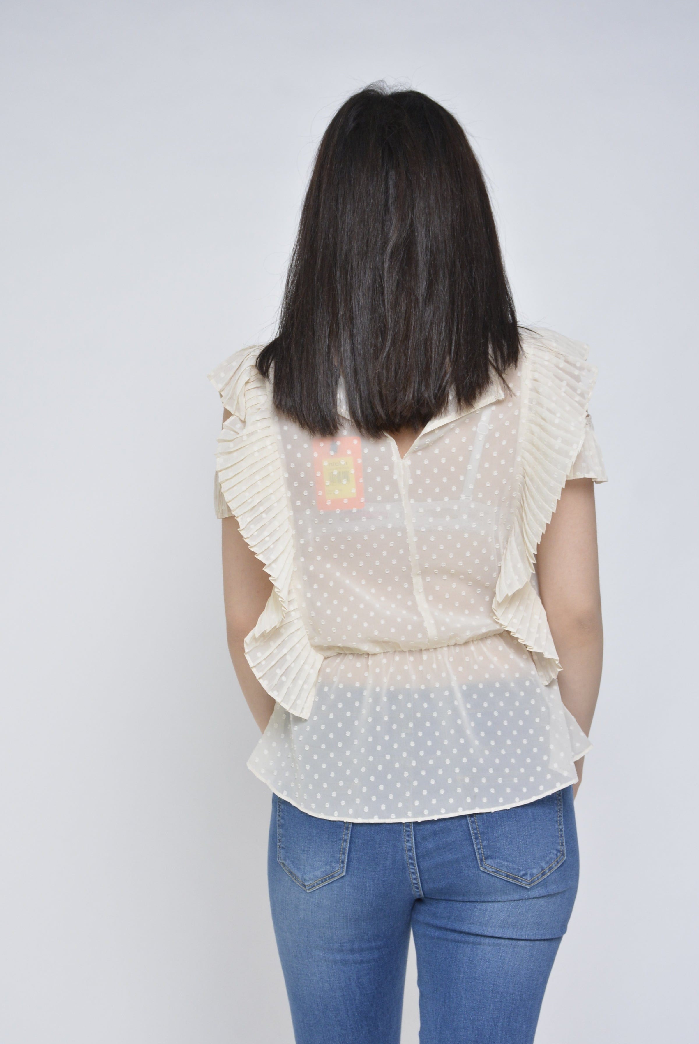 نتشي بلوزة منقطة مخصرة كم قصير مكشكش نسائي