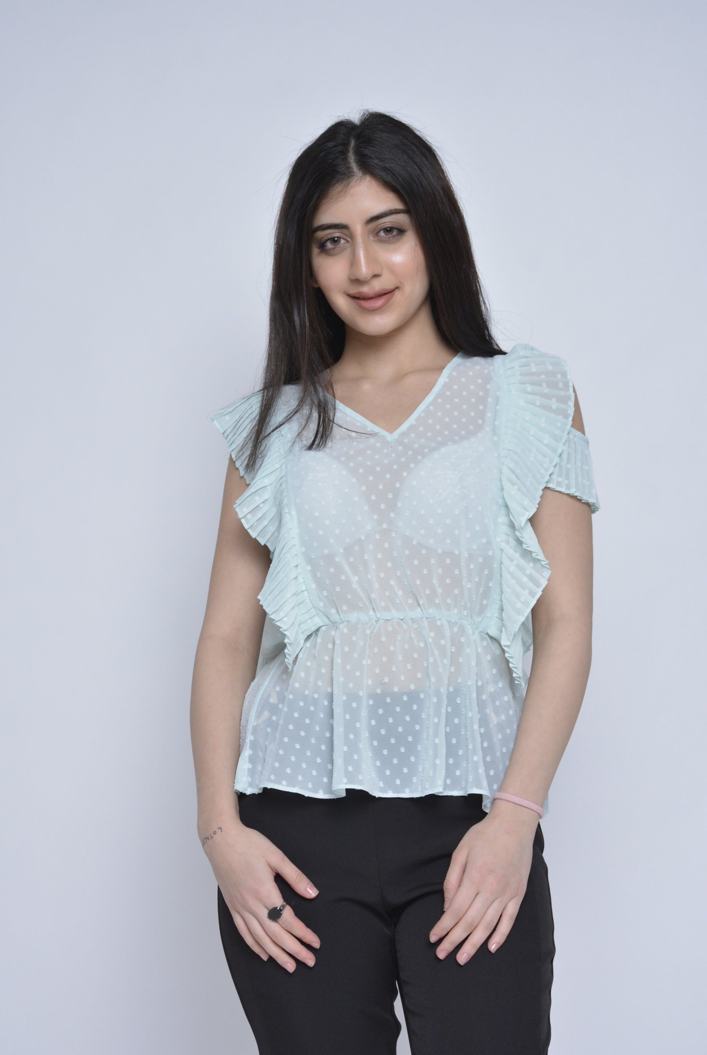 نتشي بلوزة منقطة مخصرة كم قصير مكشكش نسائي