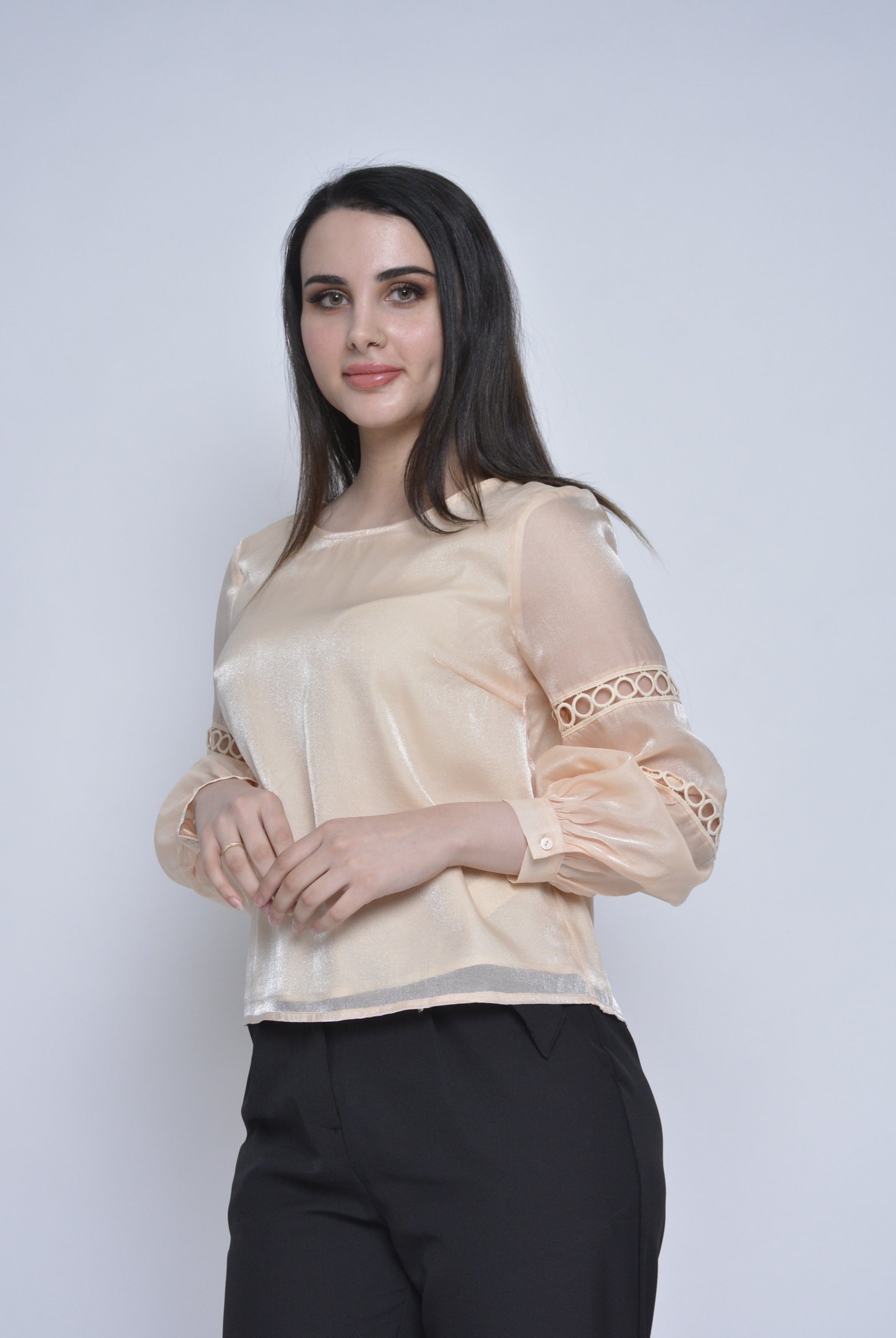 نتشي بلوزة كلاسيك سادة بأكمام شفافة