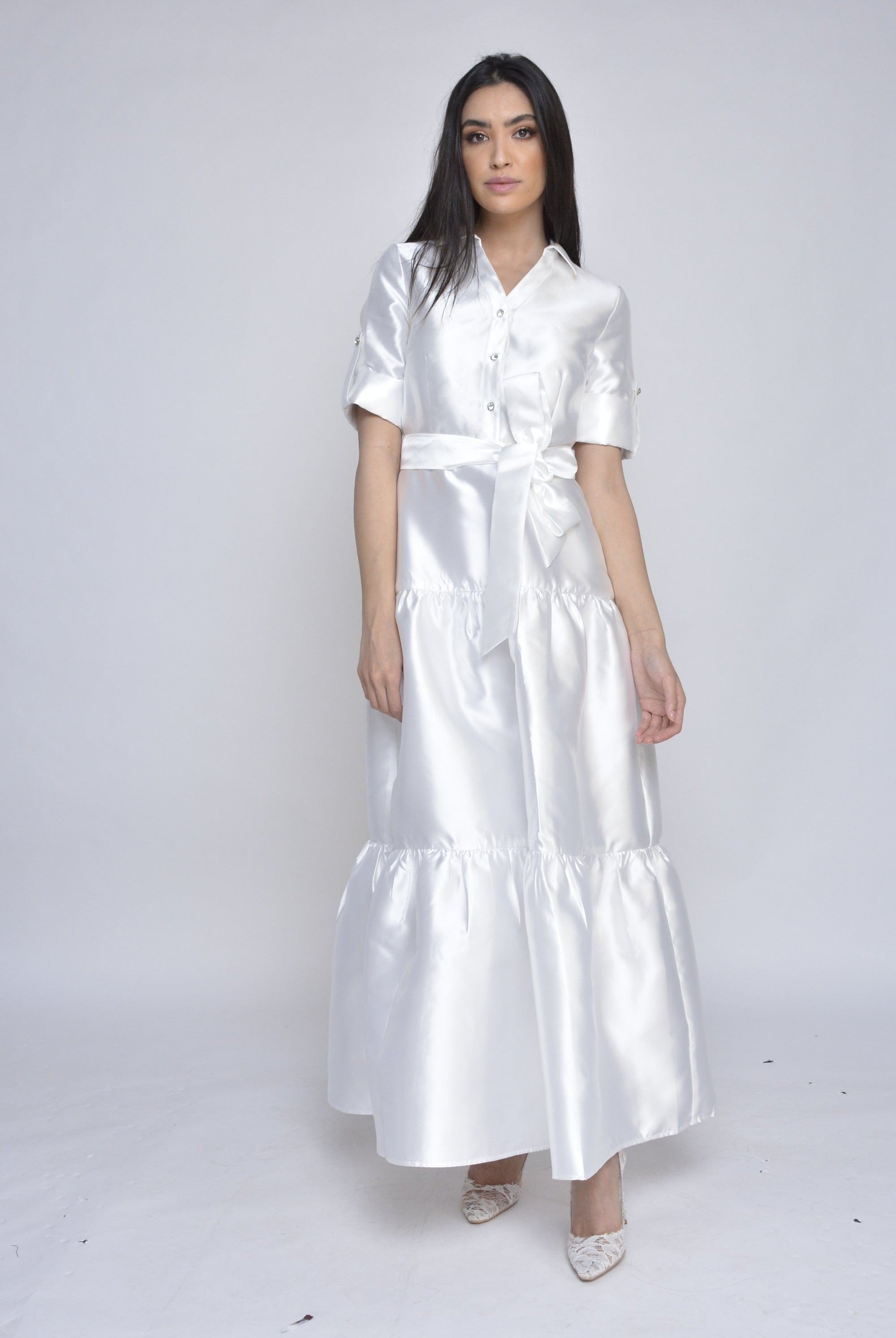 نتشي فستان ماكسي ناعم 3/4 كم طويل بأزرار أمامية