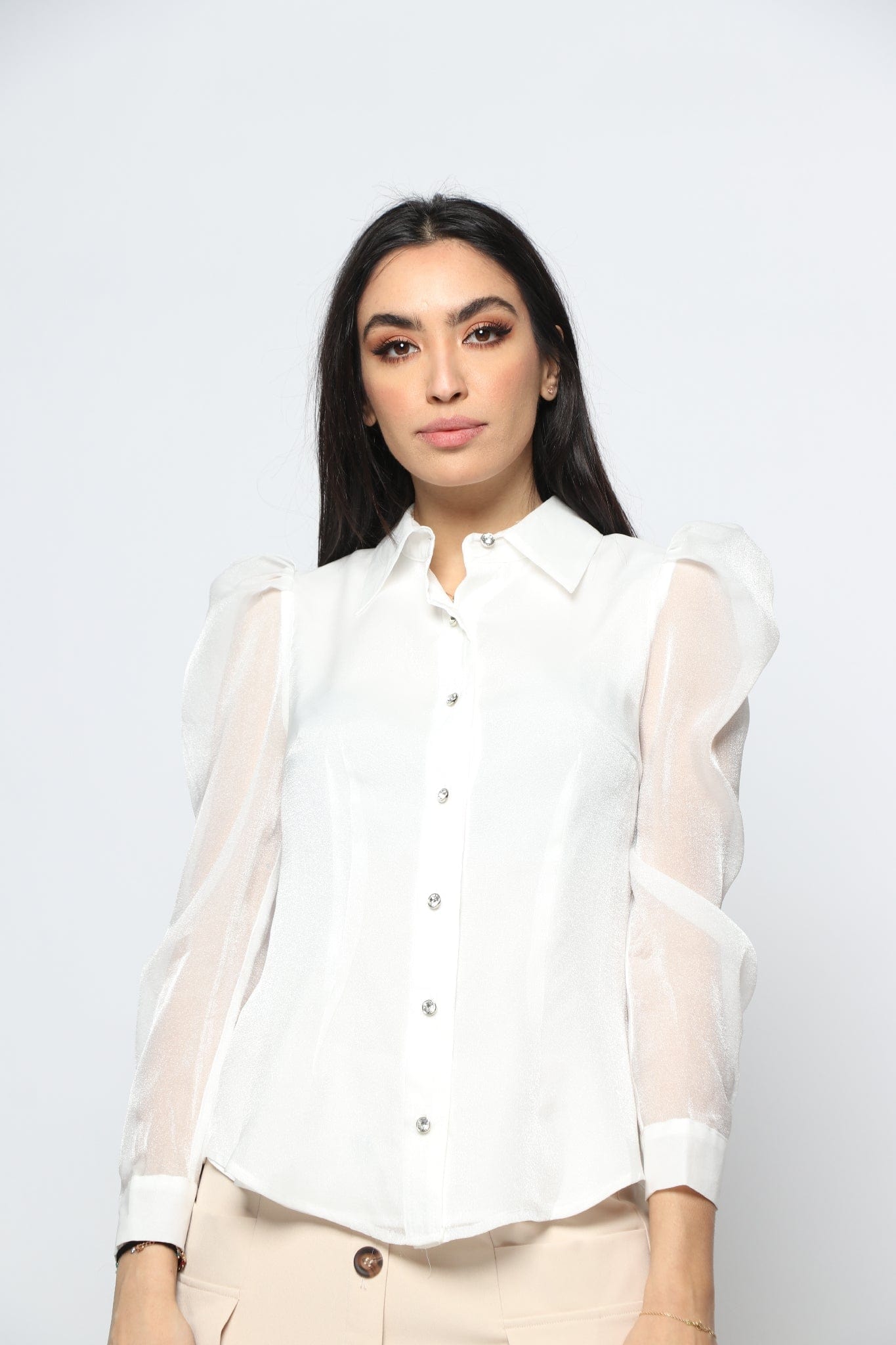 نتشي بلوزة بأزرار بياقة رسمية كم طويل شفاف نسائي