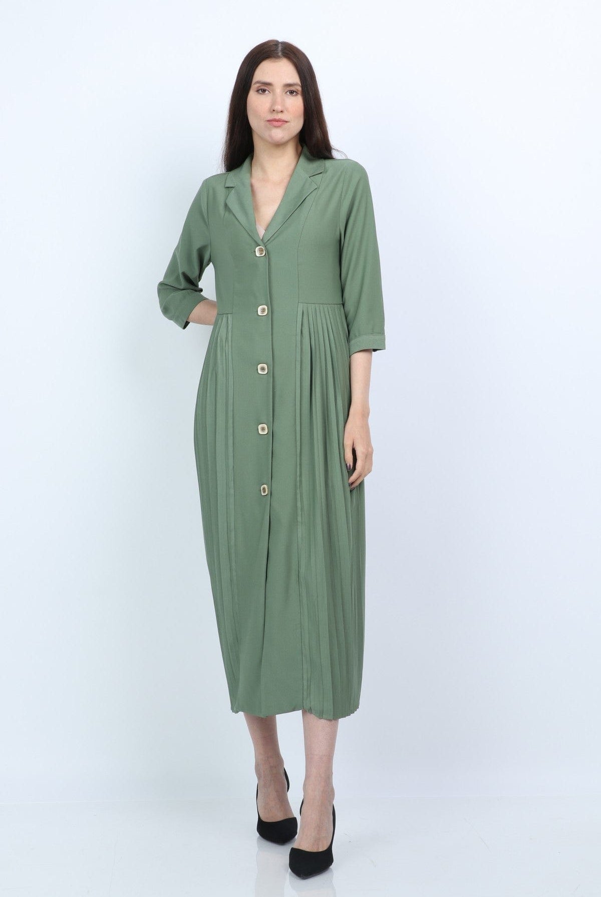 نتشي فستان ميدي بوليستر بليسيه بزراير كم واسع قصير