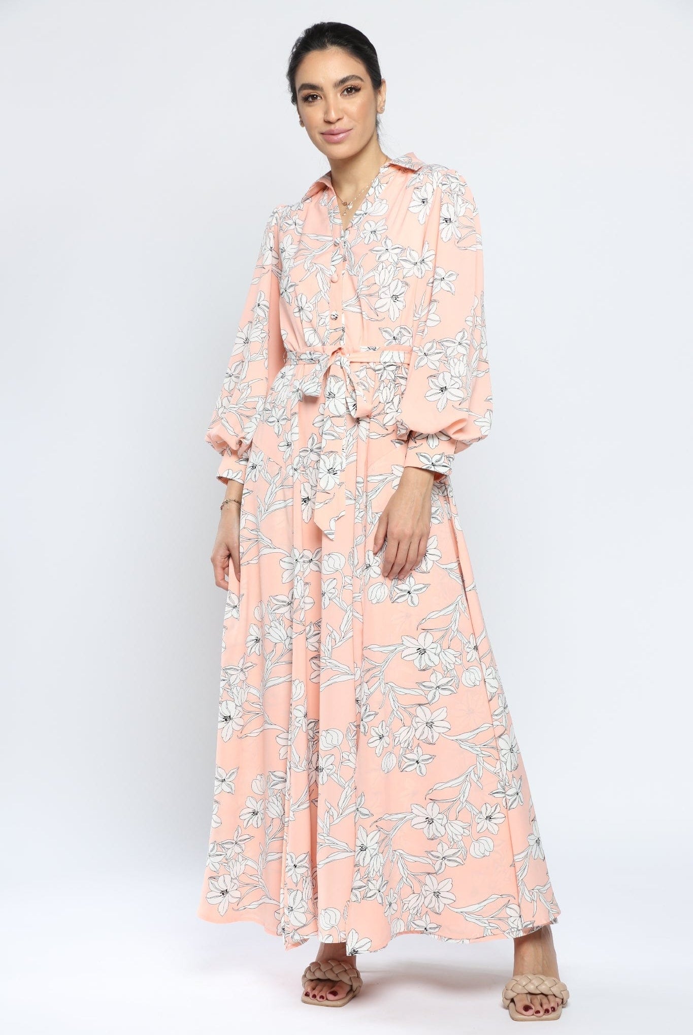 نتشي فستان طويل الأكمام ماكسي مشجر برقبة سبعة