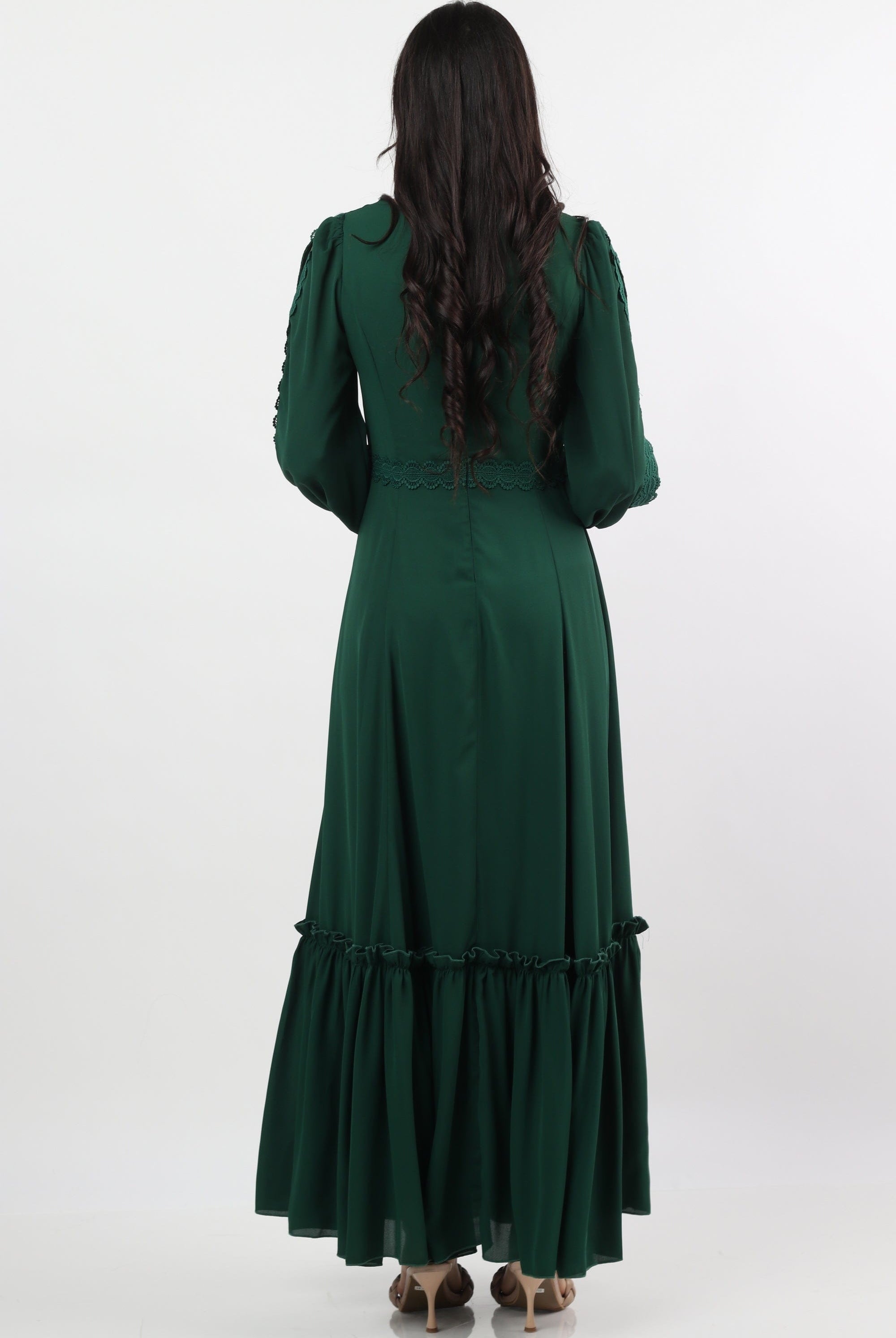 نتشي فستان طويل سادة بكشكش كم قصير بفتحة كتف