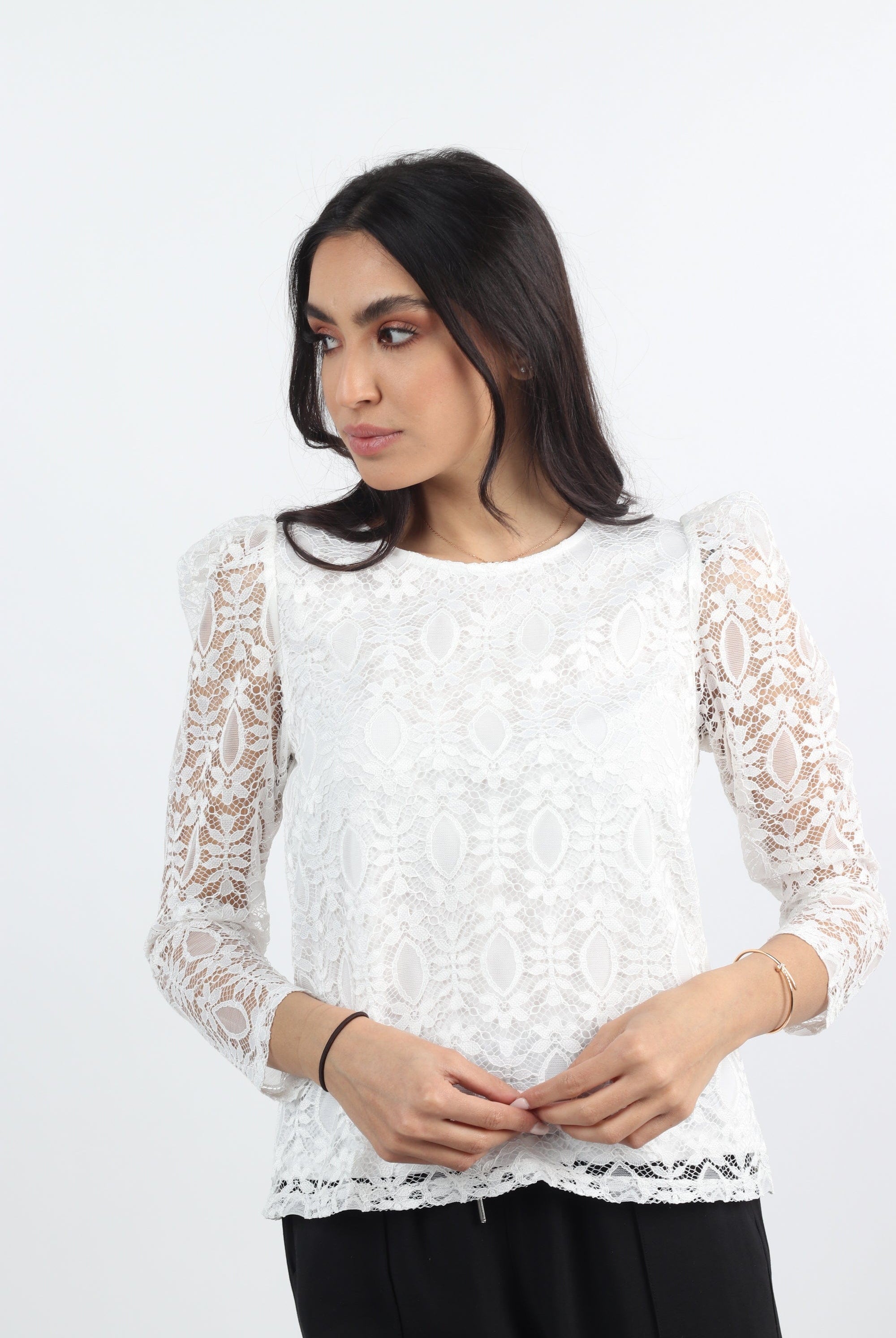 نتشي بلوزة دانتيل مبنطة كم شفاف طويل نسائي