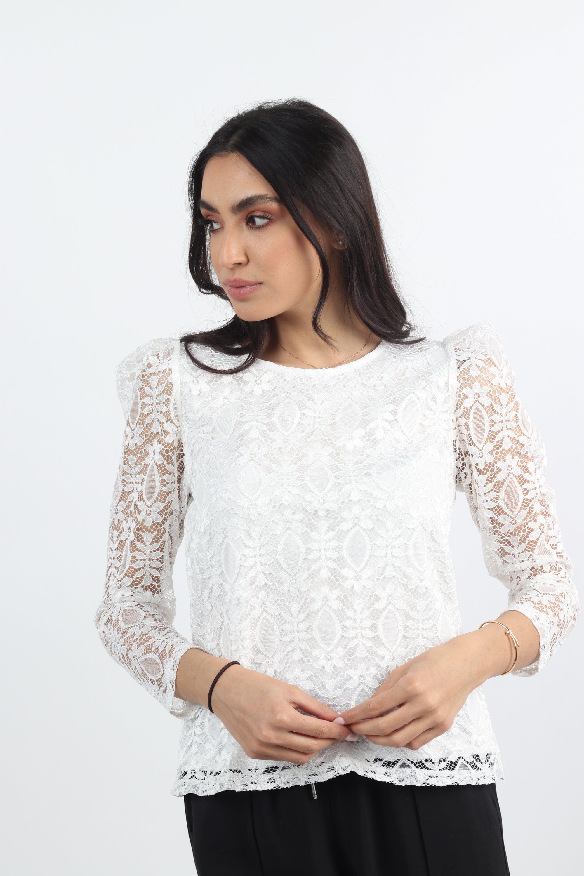 نتشي بلوزة دانتيل مبنطة كم شفاف طويل نسائي