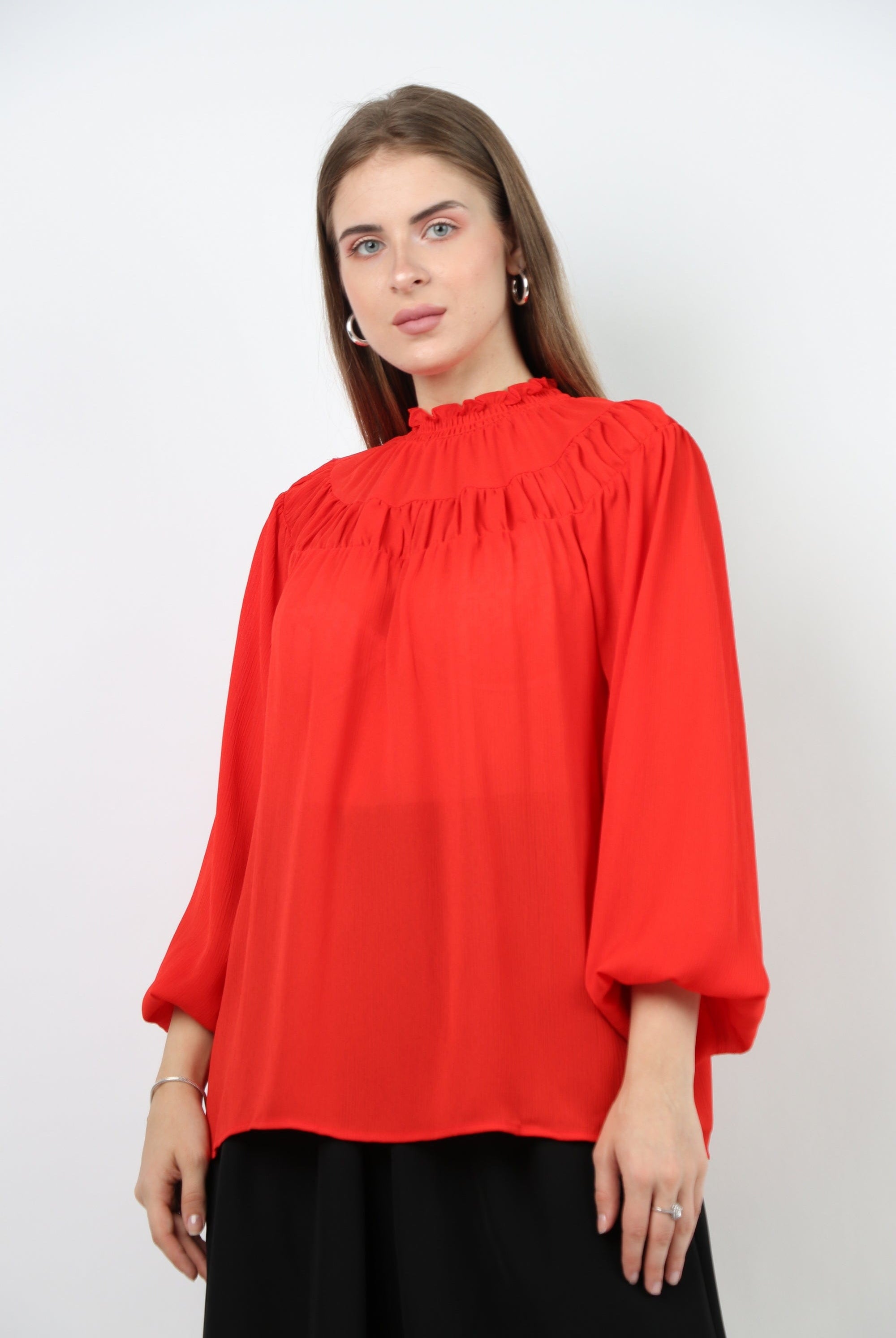 نتشي بلوزة شيفون مكشكشة من الصدر كم طويل منفوخ نسائي