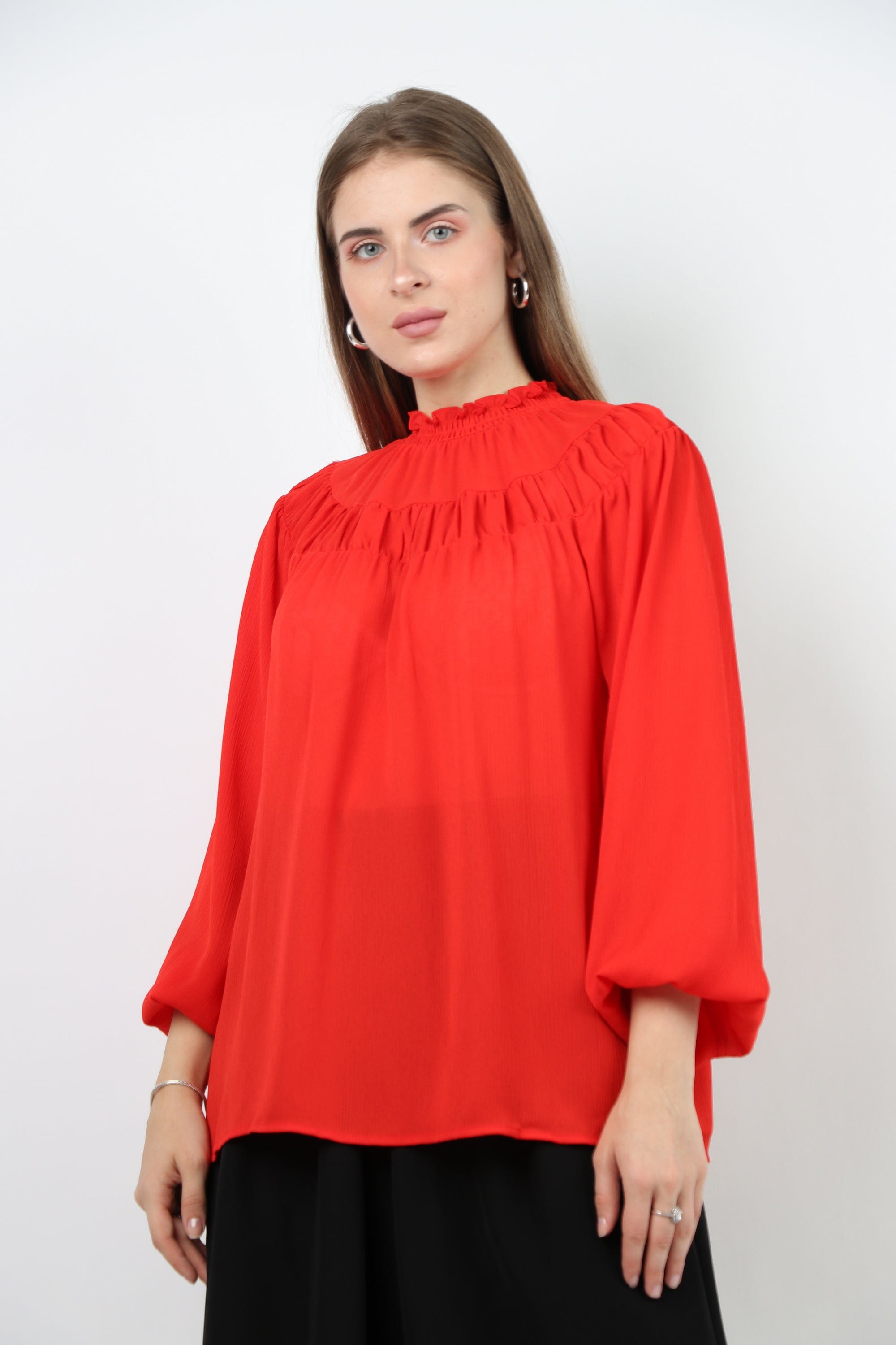 نتشي بلوزة شيفون مكشكشة من الصدر كم طويل منفوخ نسائي