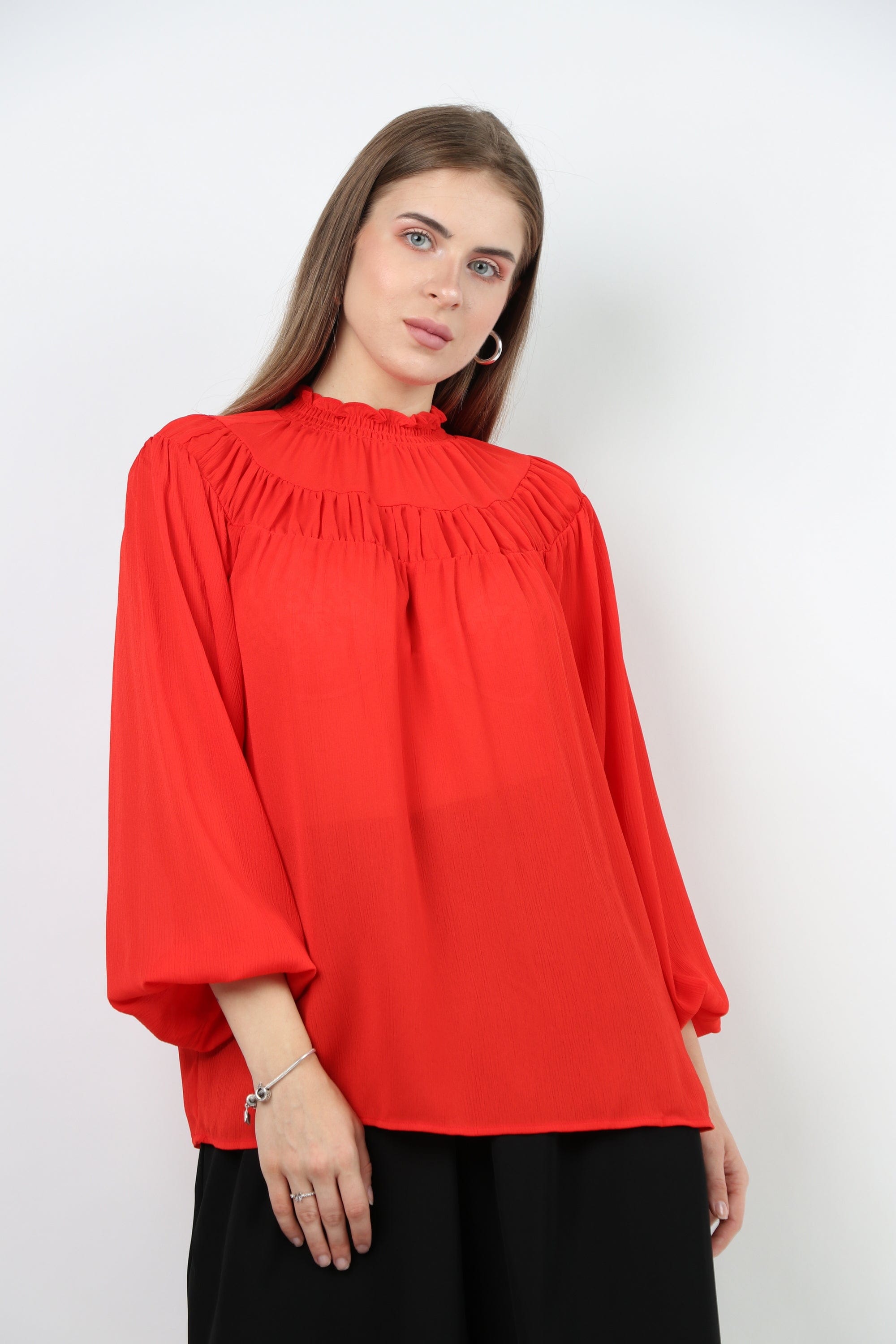 نتشي بلوزة شيفون مكشكشة من الصدر كم طويل منفوخ نسائي