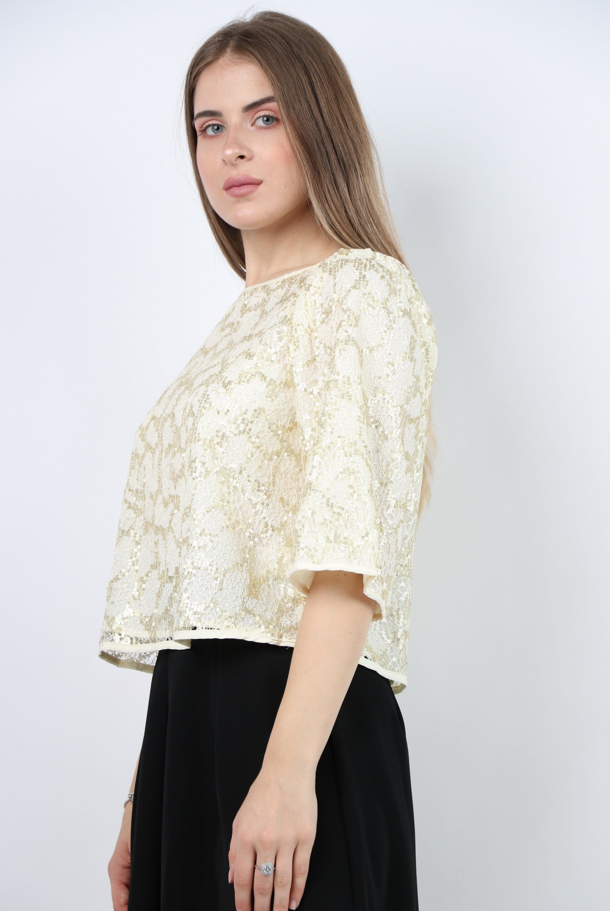 نتشي بلوزة رسمية كم قصير مزينة بدانتيل نسائي