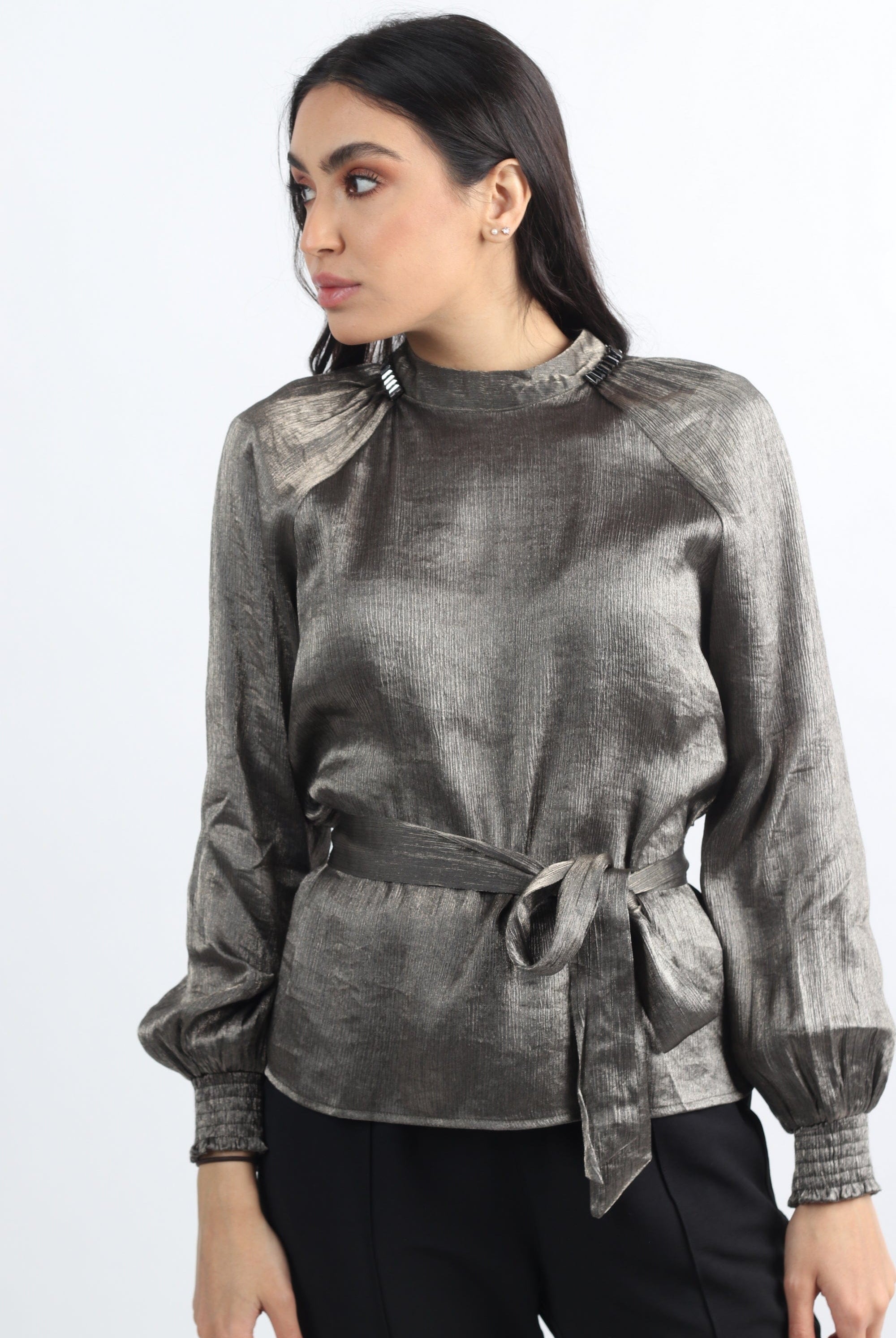 نتشي بلوزة سهرة برباط على الخصر كم طويل منفوخ نسائي