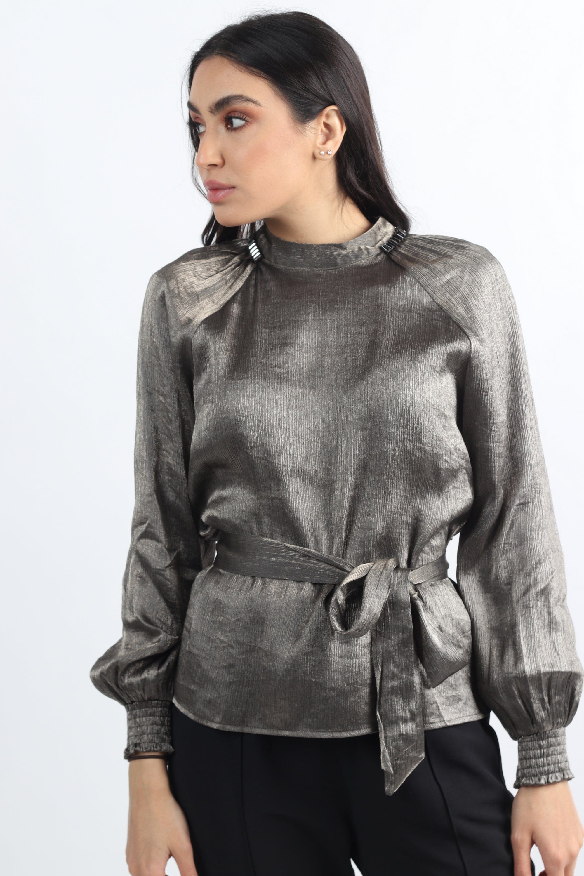 نتشي بلوزة سهرة برباط على الخصر كم طويل منفوخ نسائي