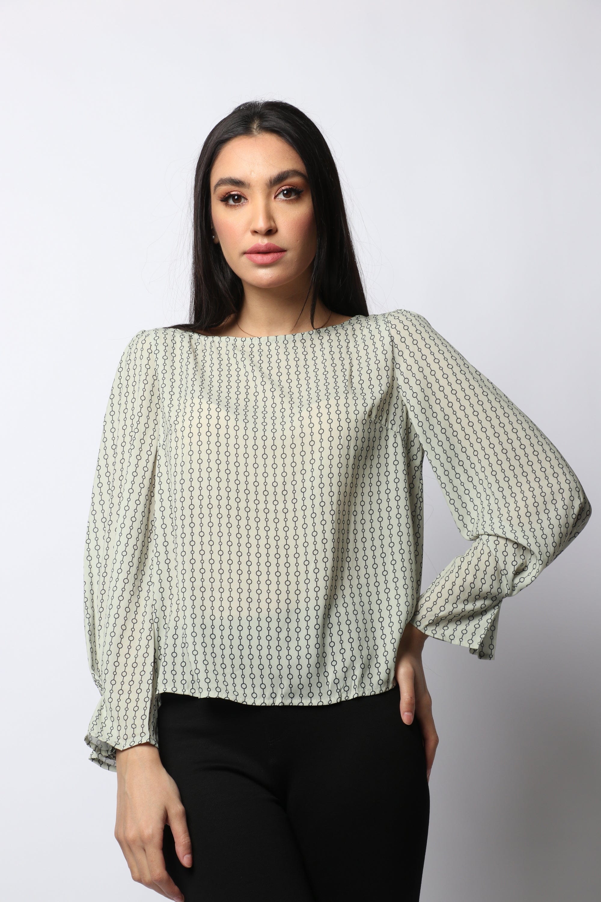 نتشي بلوزة رسمية منقوشة بكم طويل منفوخ نسائي الباستيل الأخضر