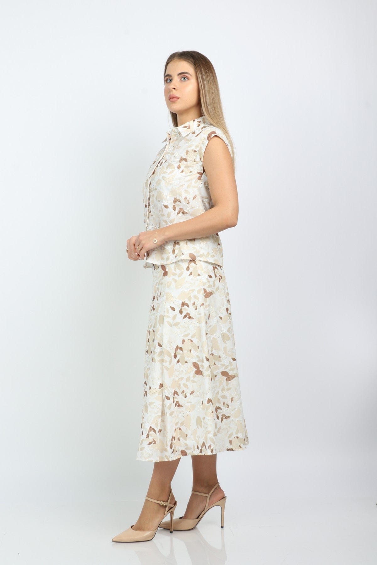 نتشي بلوزة مشجرة كت بياقة مزودة بأزرار أمامية نسائي