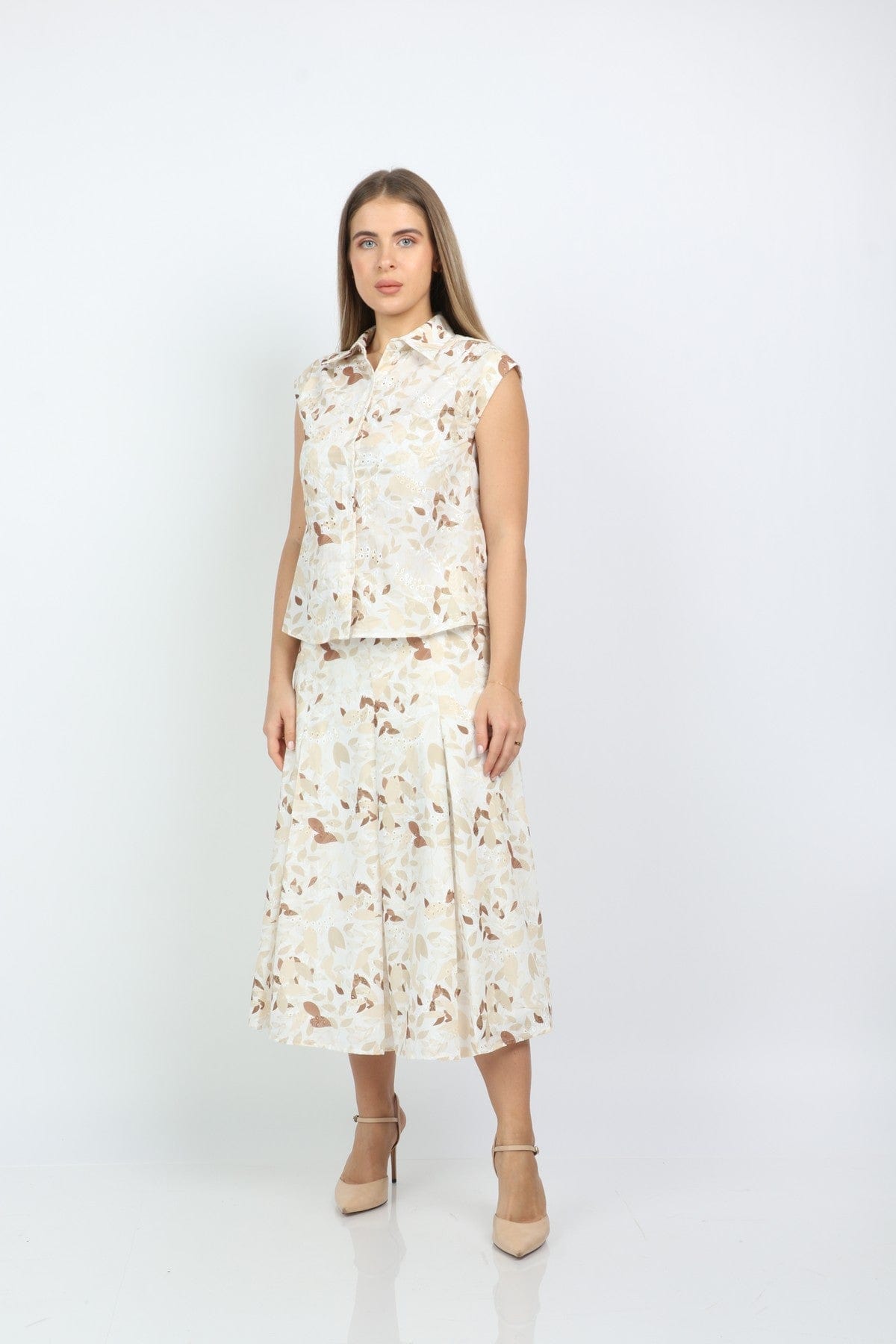 نتشي بلوزة مشجرة كت بياقة مزودة بأزرار أمامية نسائي