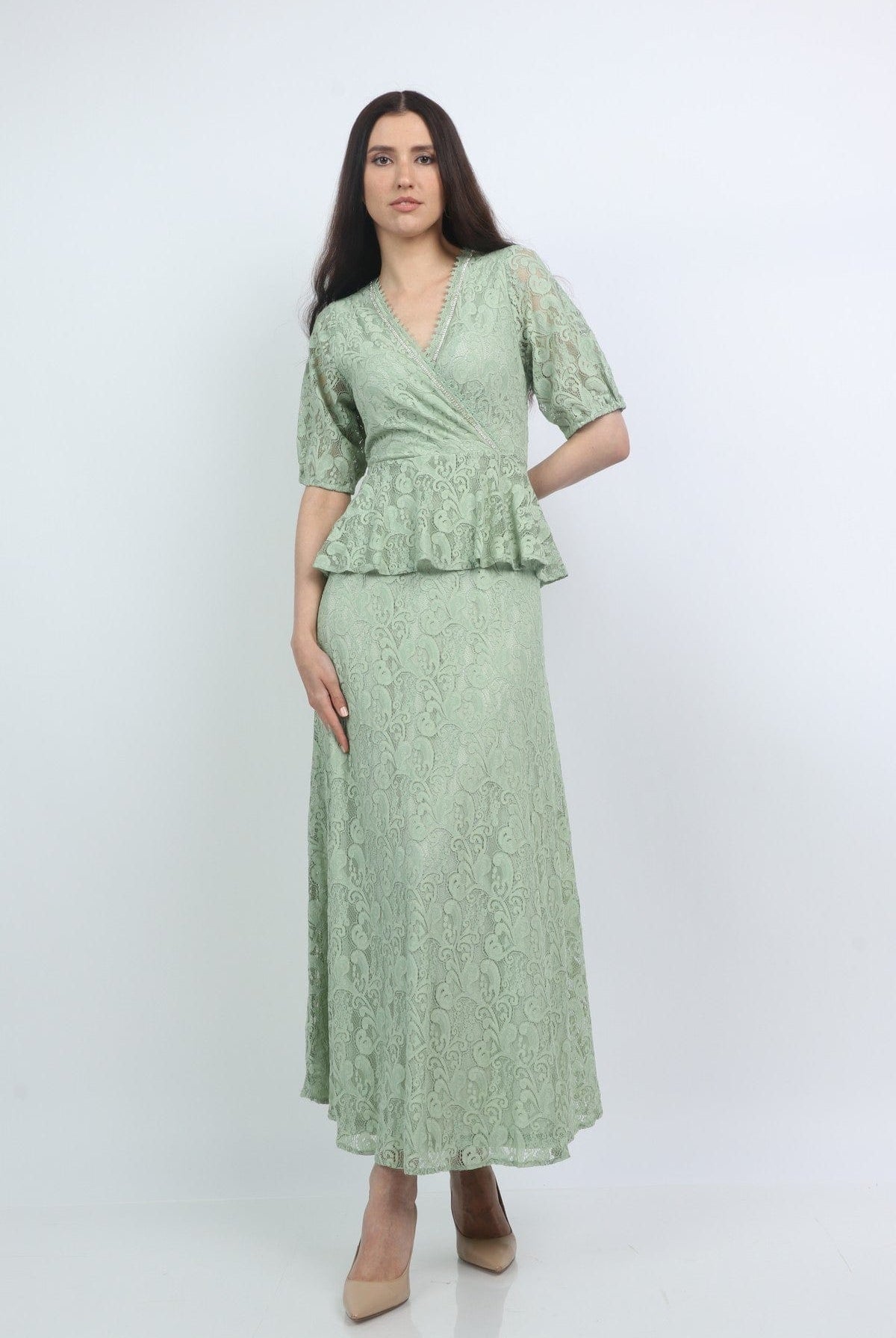 نتشي فستان ماكسي دانتيل بخصر منفوش 3/4 كم