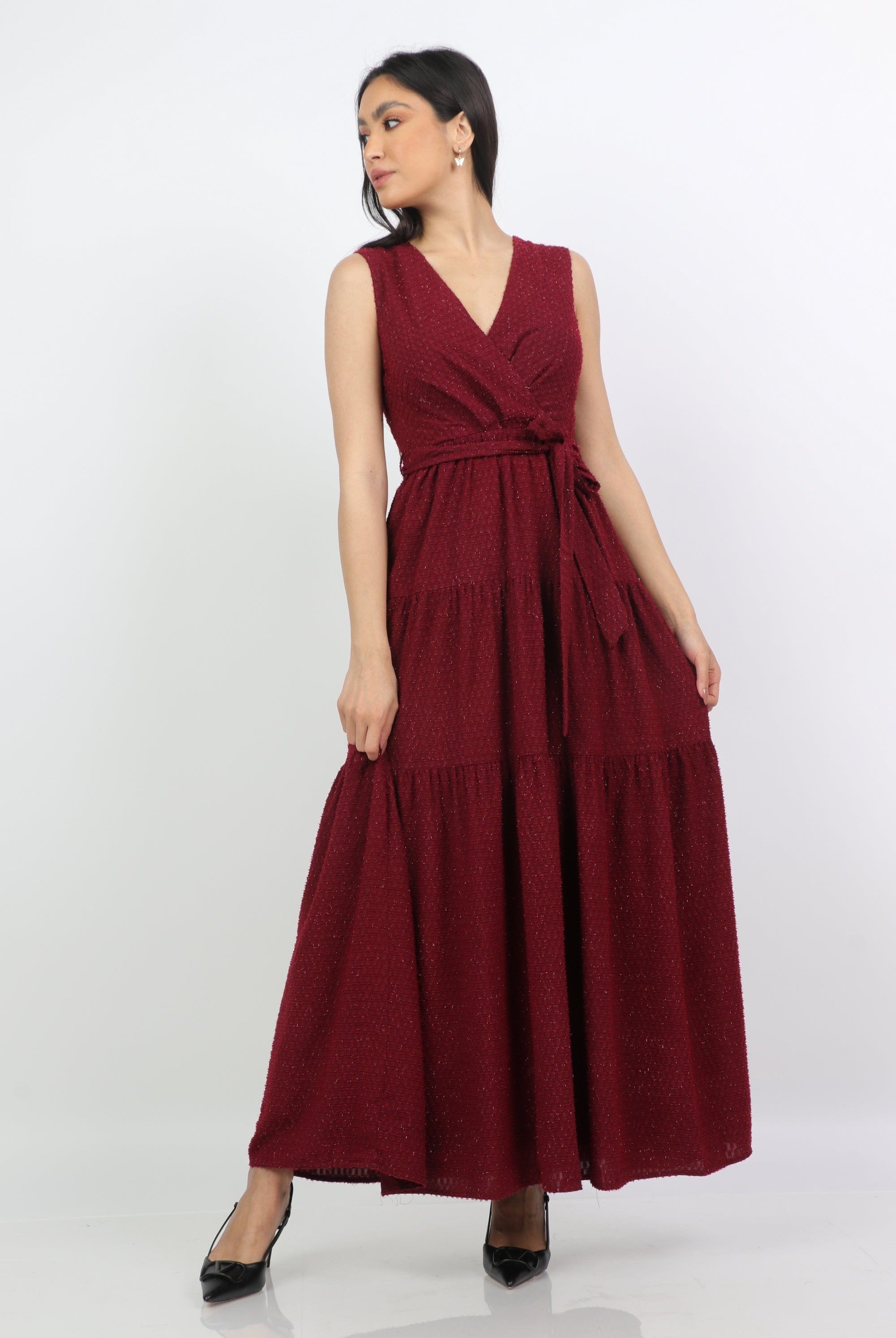 نتشي فستان طويل سهرة بحزام بقصة رقبة سبعة بدون كم