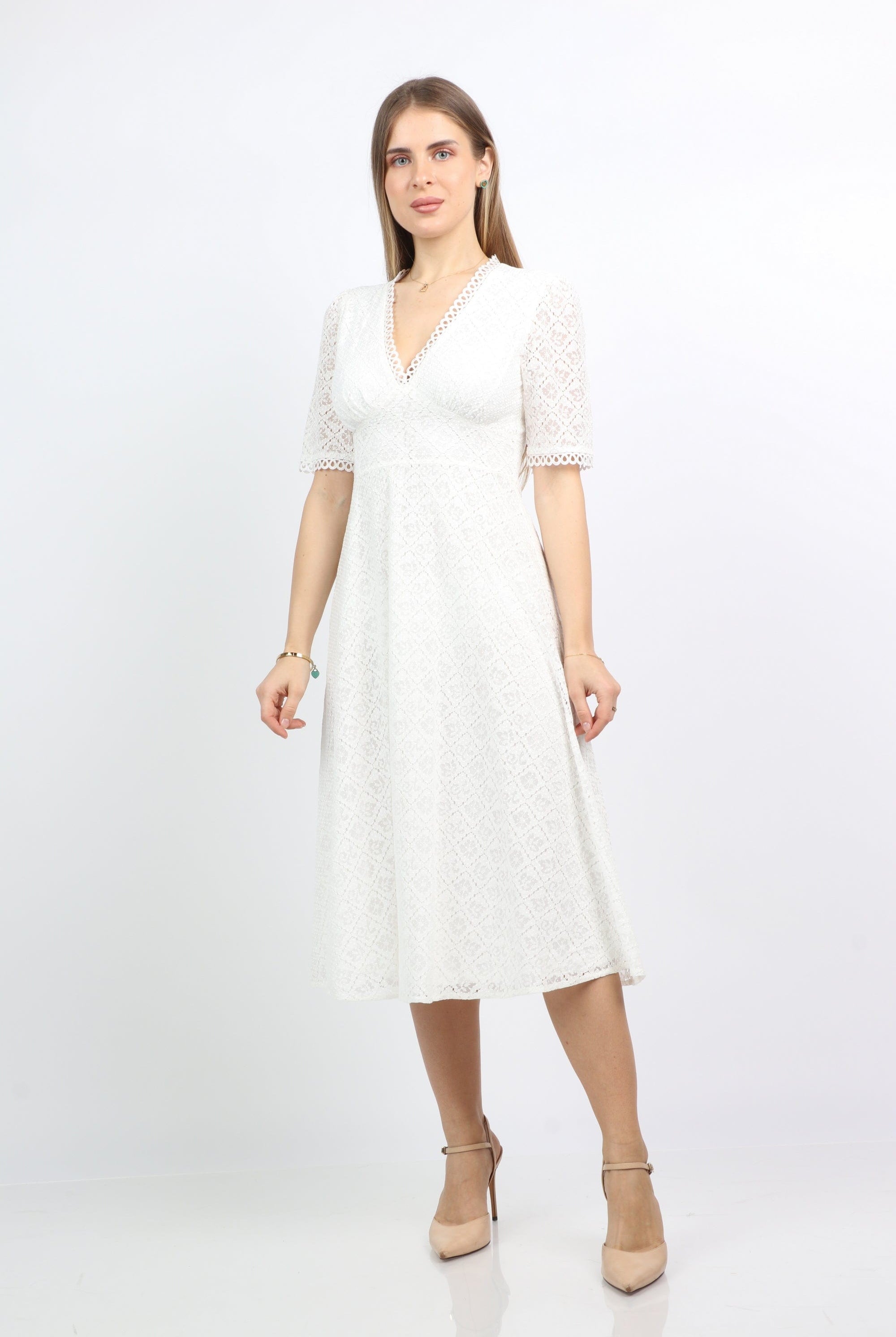 نتشي فستان ميدي قصير الأكمام بياقة سبعة