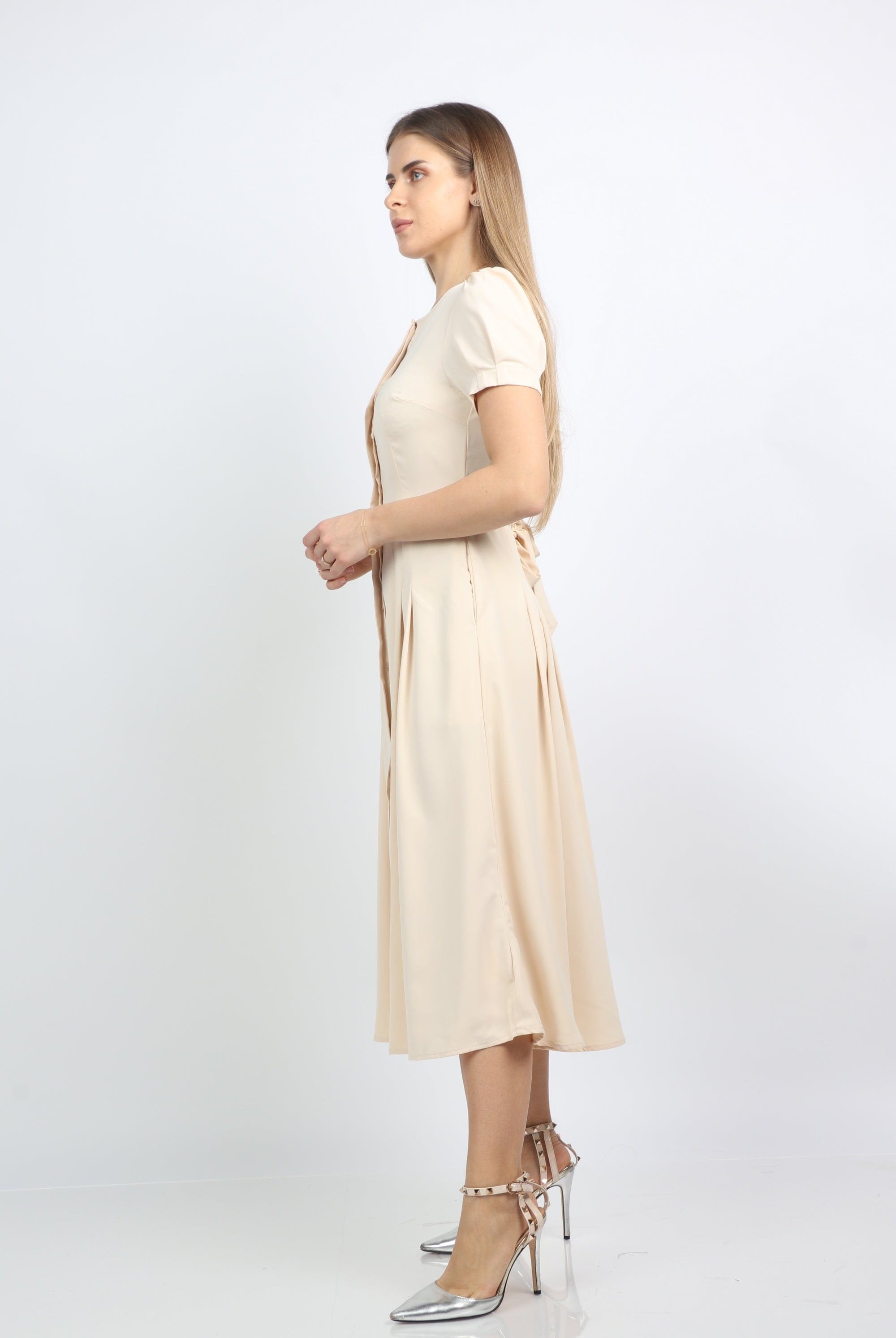 نتشي فستان ميدي فرنسي بأزرار أمامية بكم قصير