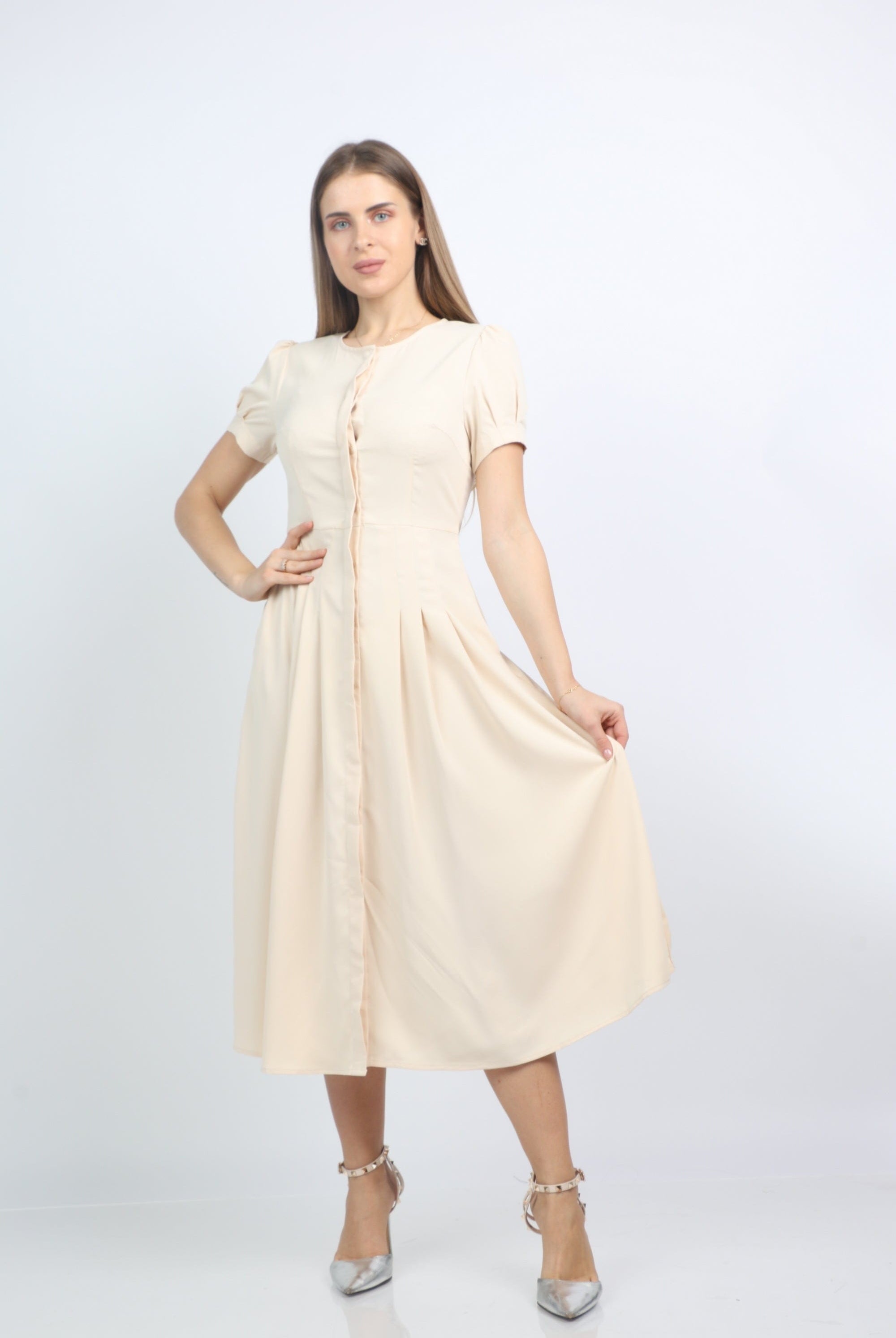 نتشي فستان ميدي فرنسي بأزرار أمامية بكم قصير