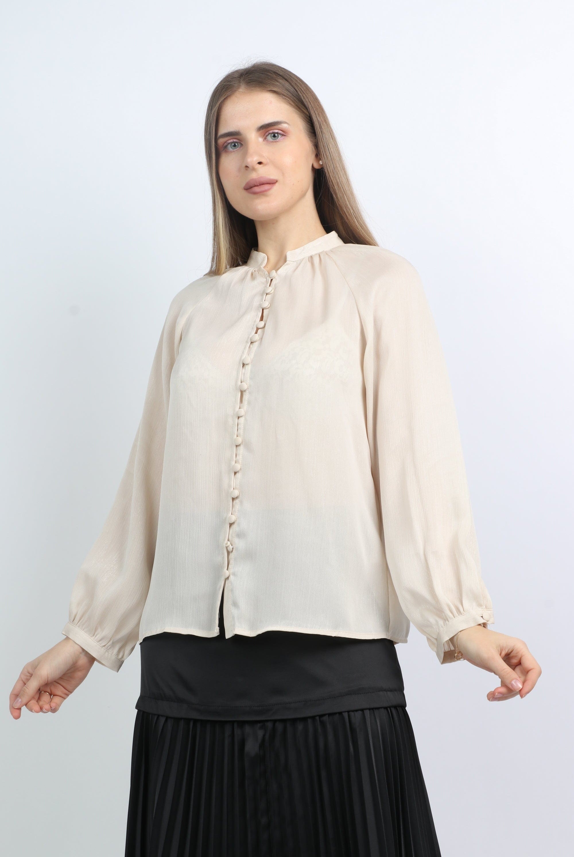 نتشي بلوزة رسمة بأزرار أمامية ياقة قصيرة كم طويل منفوخ نسائي