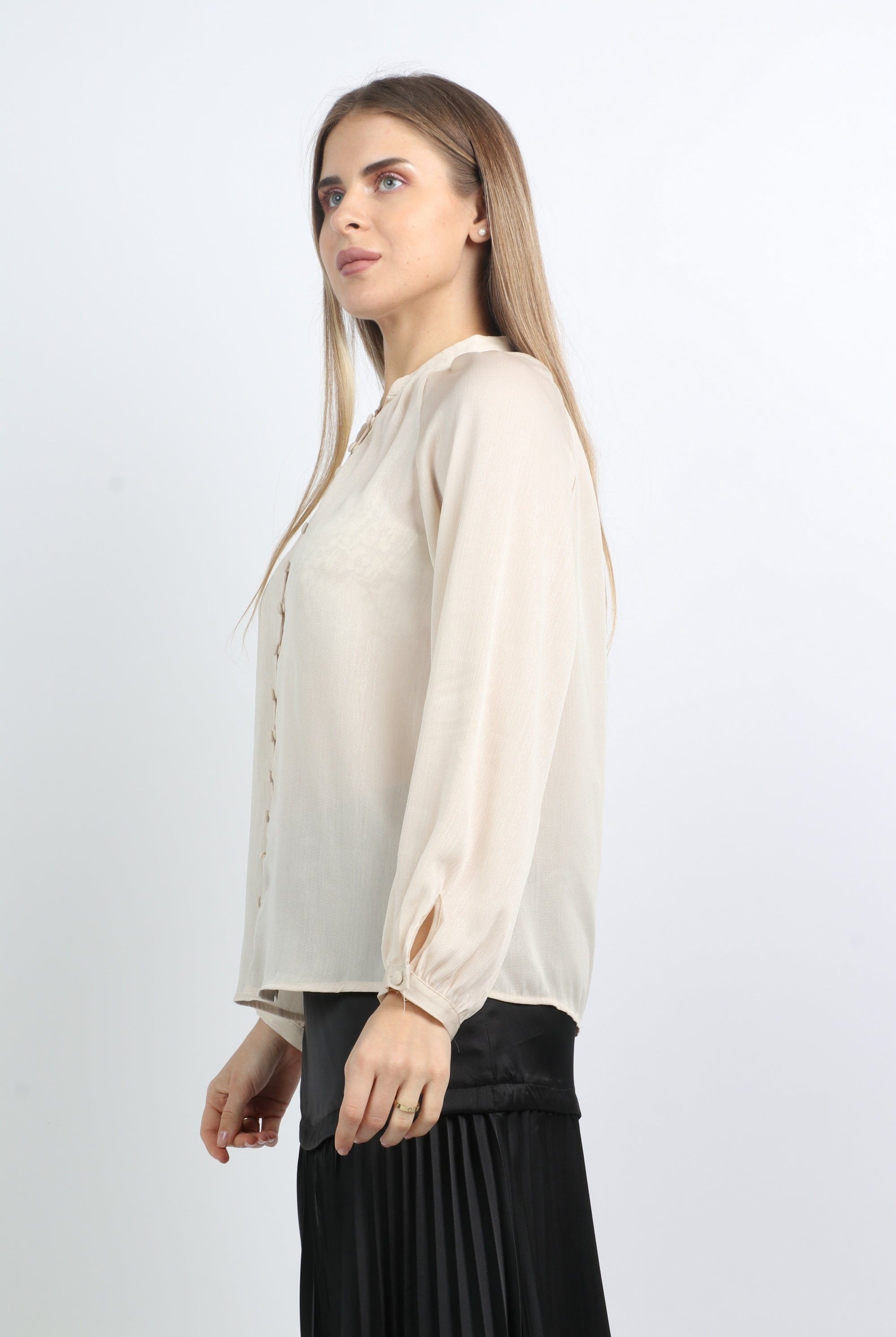 نتشي بلوزة رسمة بأزرار أمامية ياقة قصيرة كم طويل منفوخ نسائي