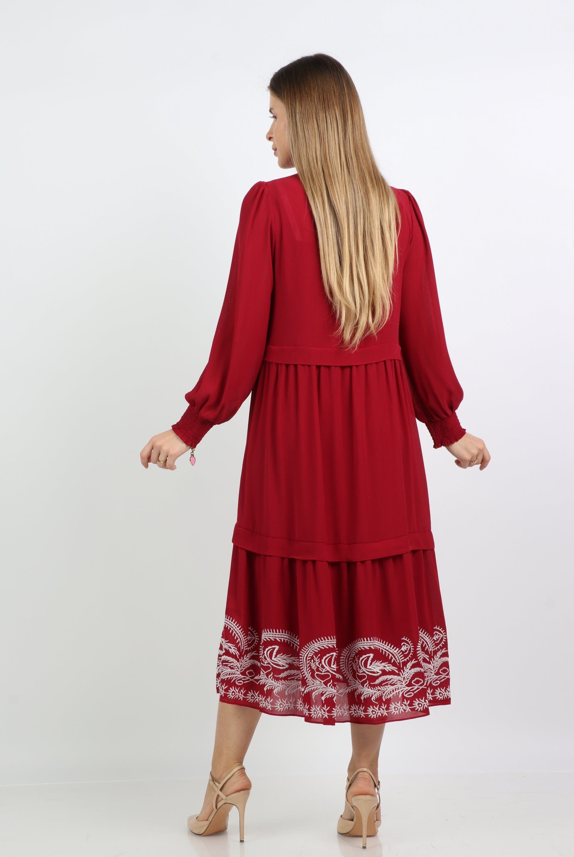 نتشي فستان ميدي شيفون واسع نقشة على الديل بأكمام طويلة